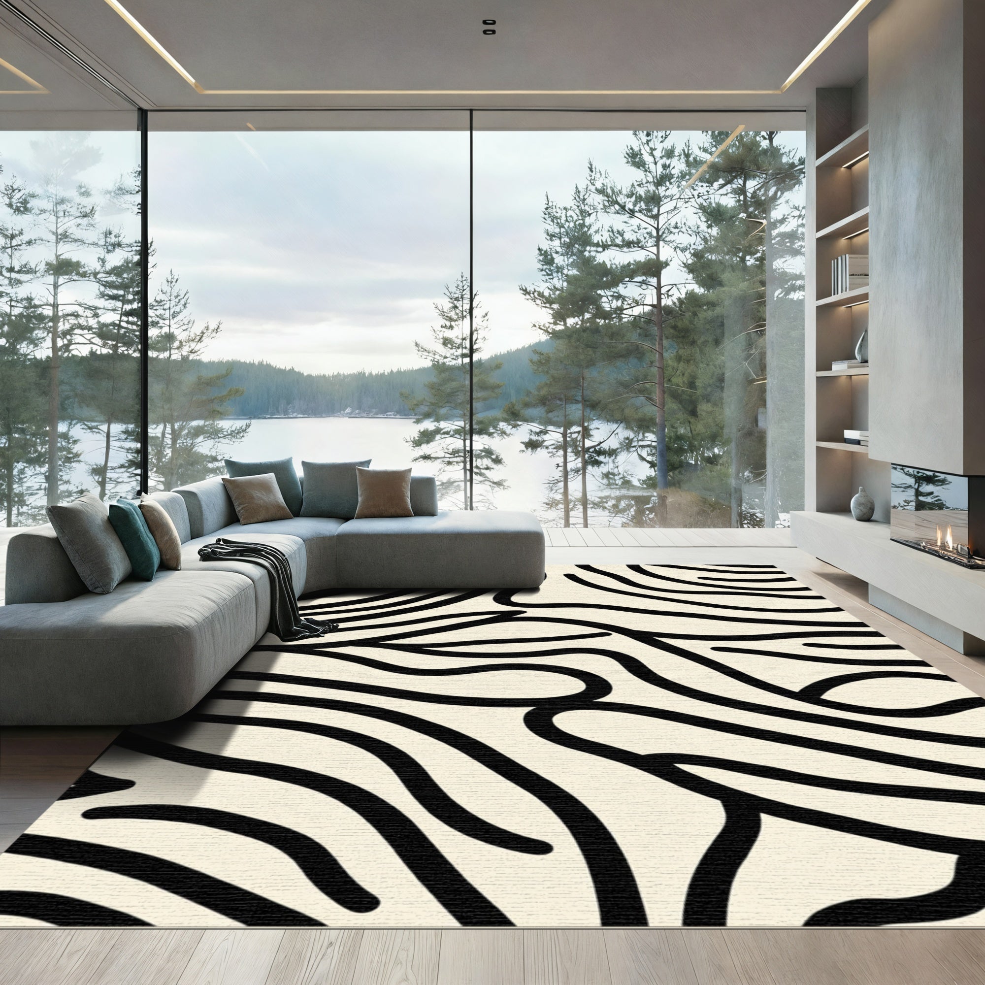 Organic Black Cream Abstract Swirl Rug