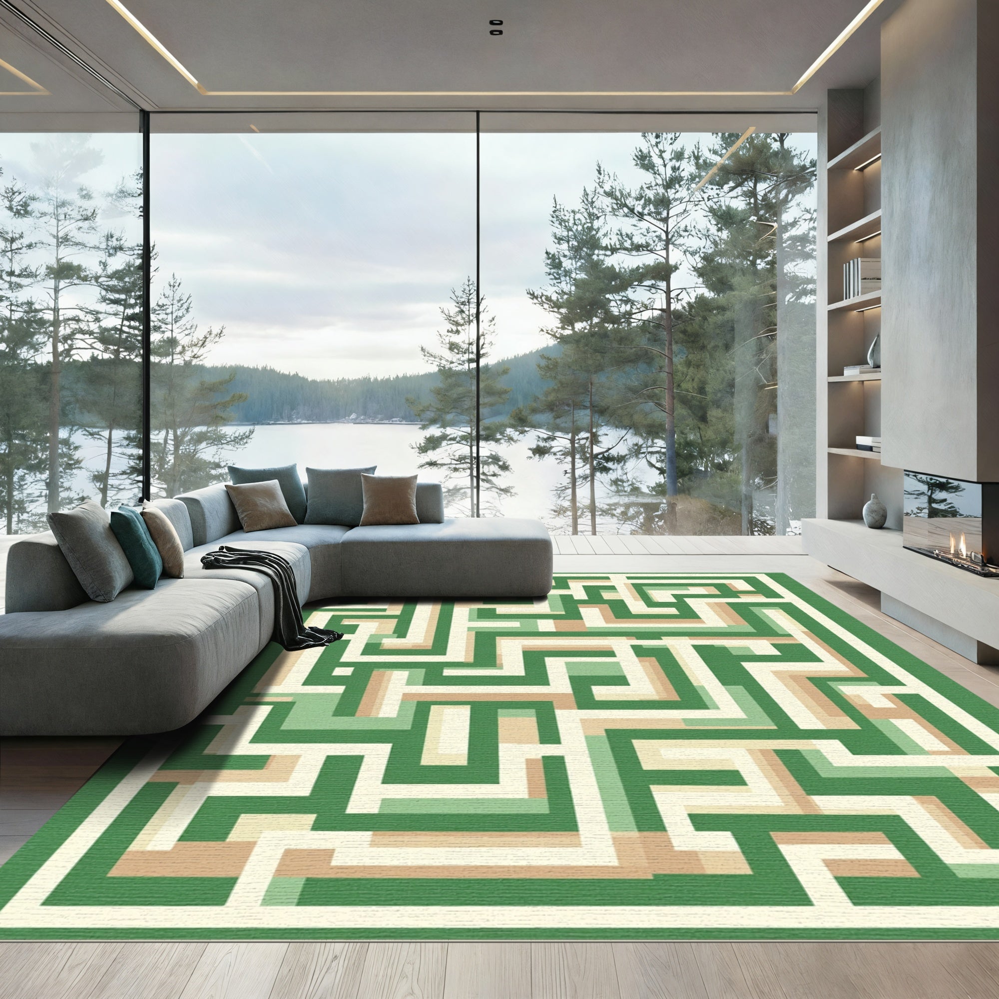 Green Beige Layered Maze Rug