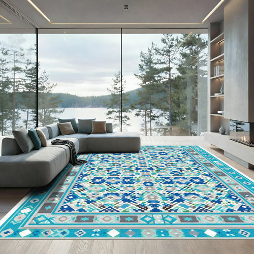 Blue Geometric Pixelated Medallion Rug