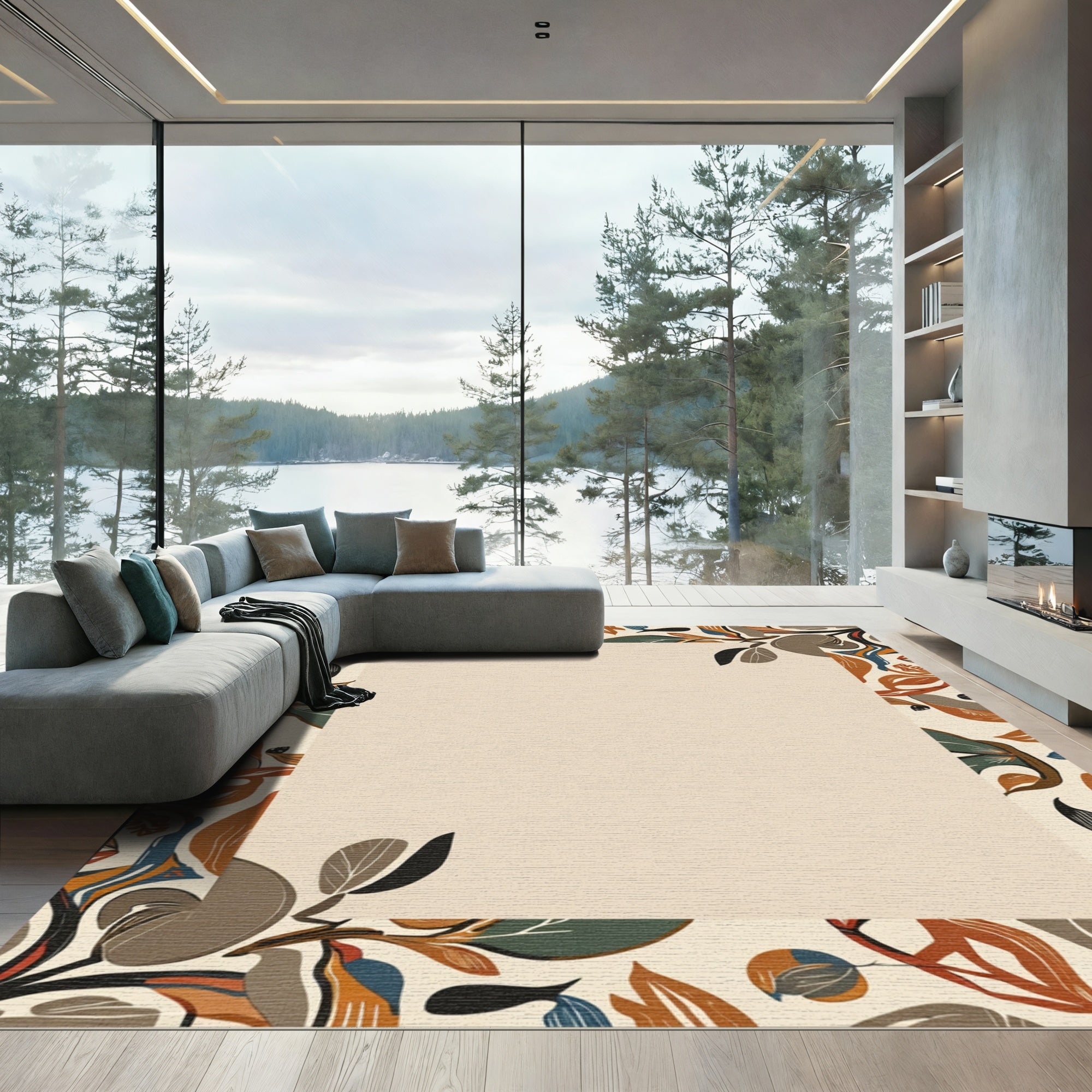 Earthy Terracotta Abstract Leaf Border Rug