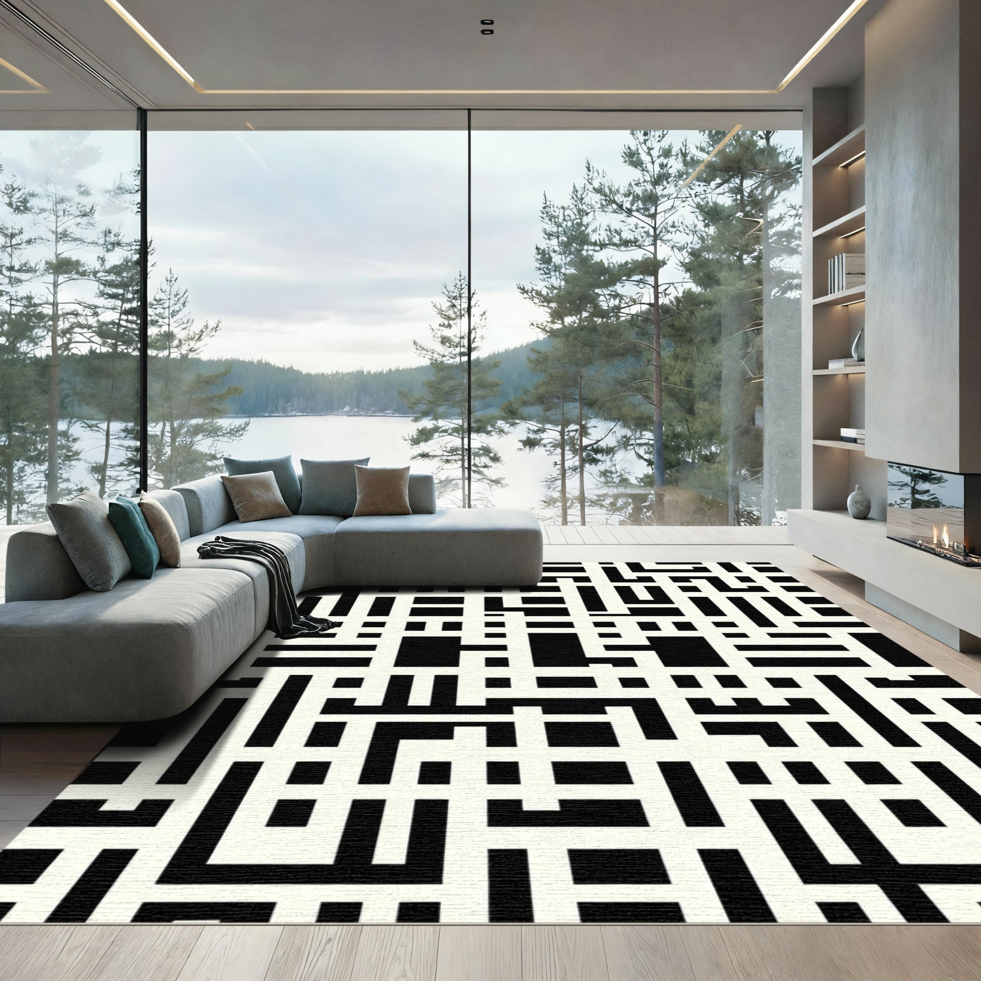 Black White Geometric Labyrinth Rug