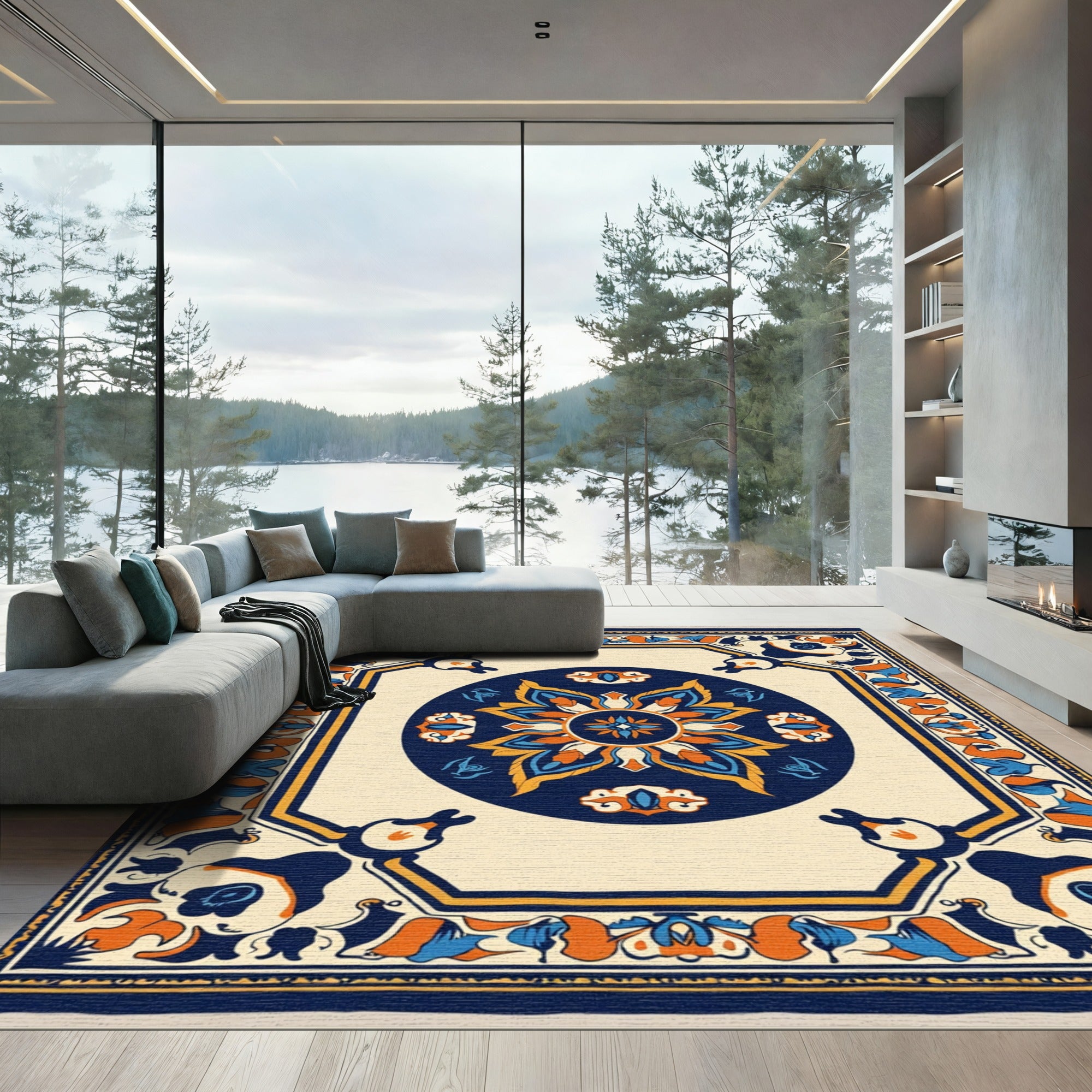 Navy Blue Orange Floral Medallion Rug