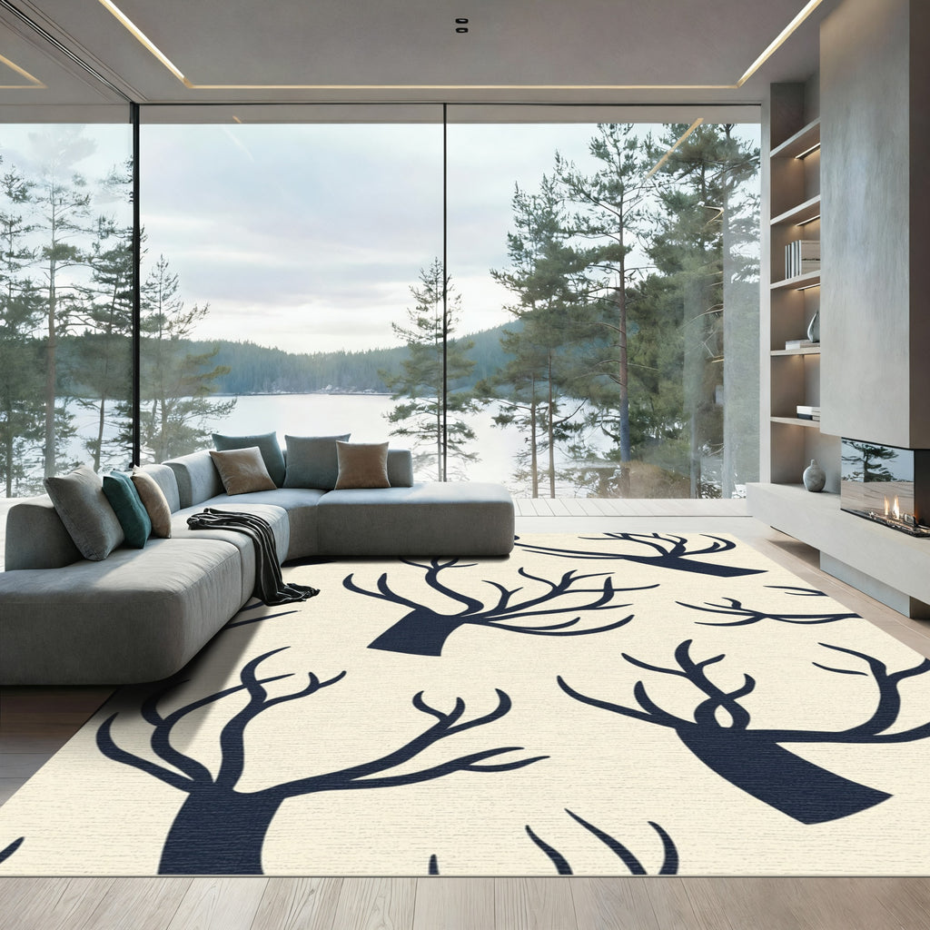 Navy Branch Silhouette Cream Background Rug
