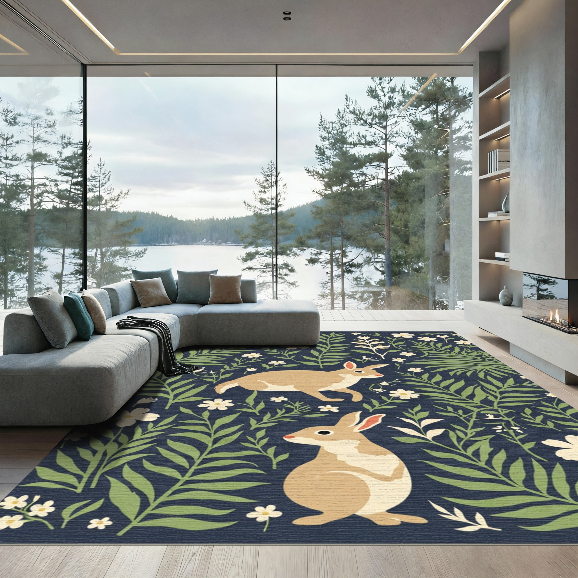 Tan Rabbits Among Green Foliage Rug