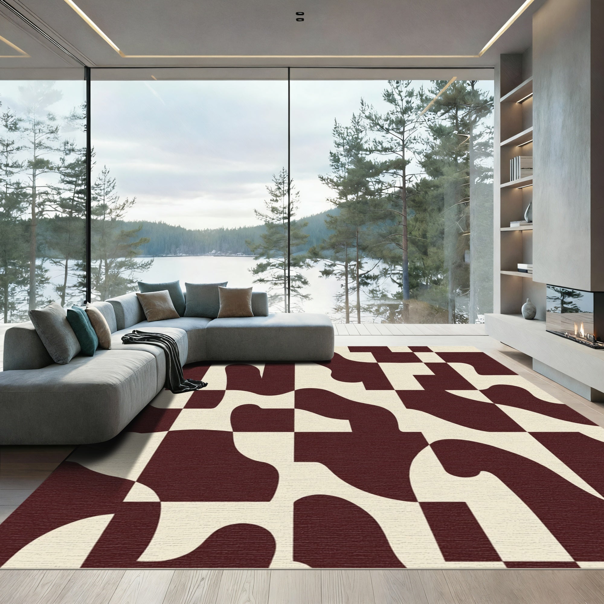 Maroon Cream Abstract Checkered Shapes Rug