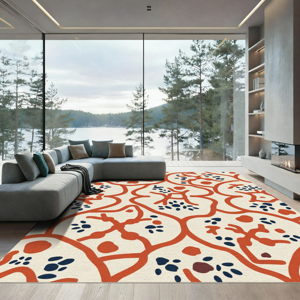 Cream Coral Blue Organic Lattice Rug