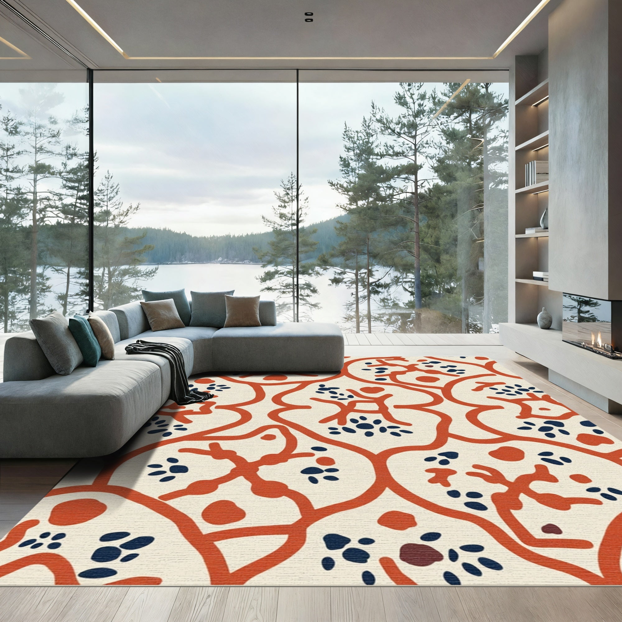 Cream Coral Blue Organic Lattice Rug