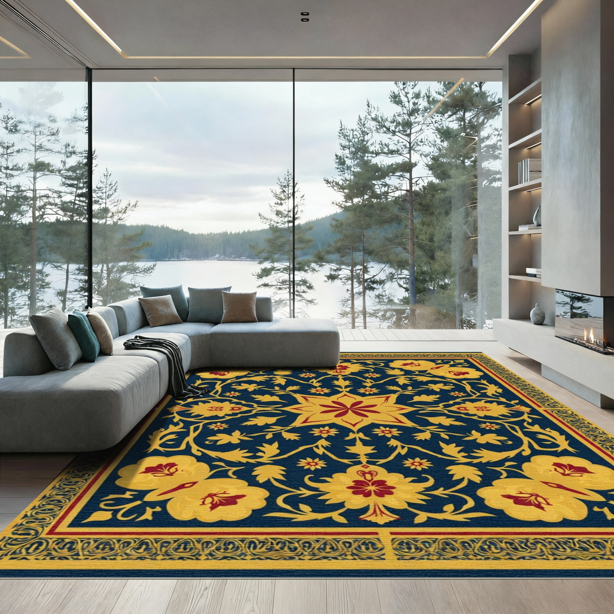 Deep Blue Golden Floral Blossom Medallion Rug