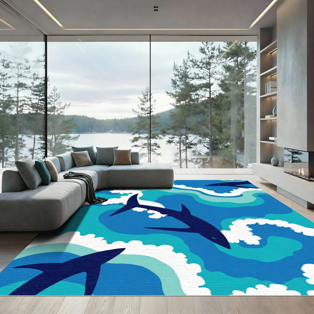 Ocean Blue Shark Waves Rug