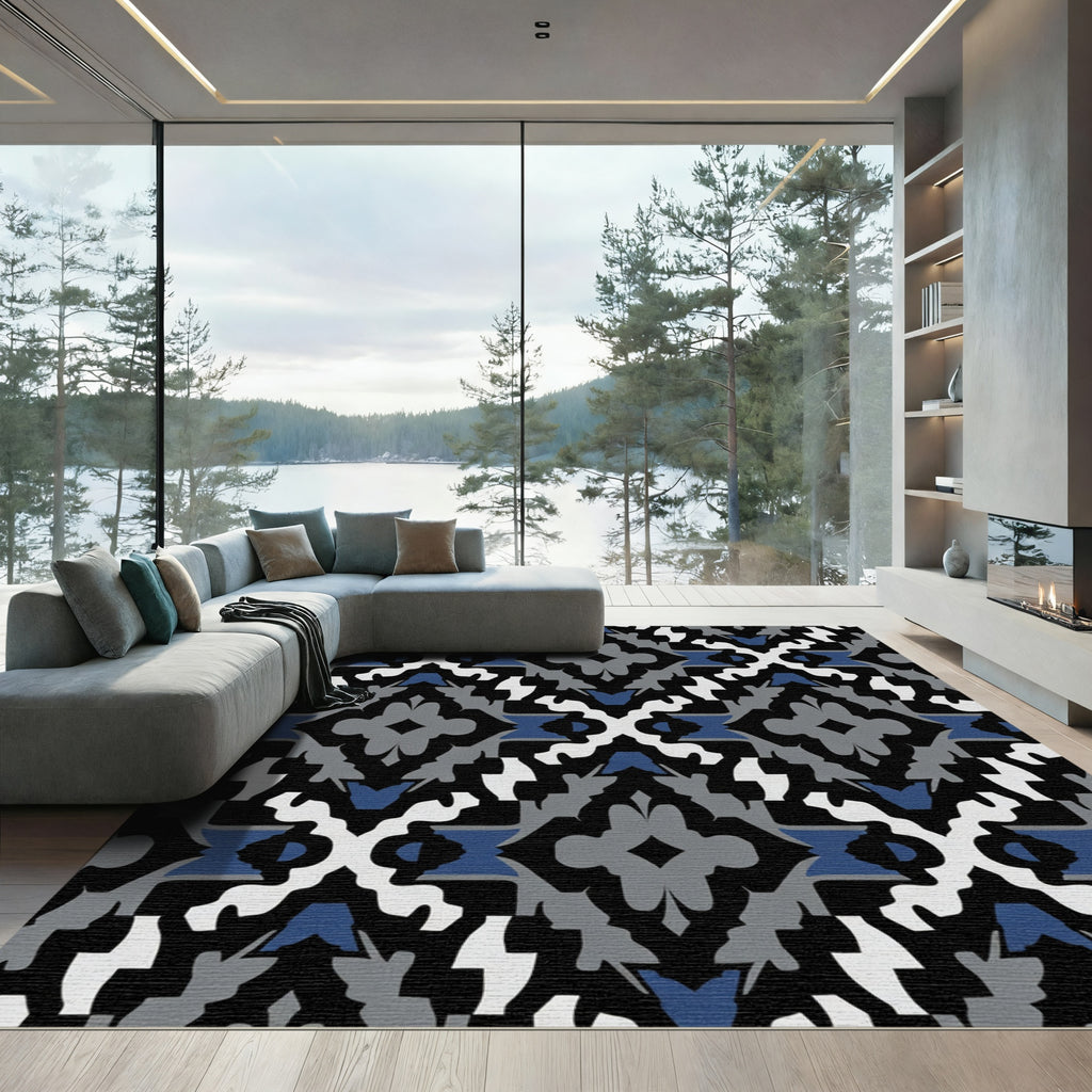 Modern Geometric Diamond Blue White Rug