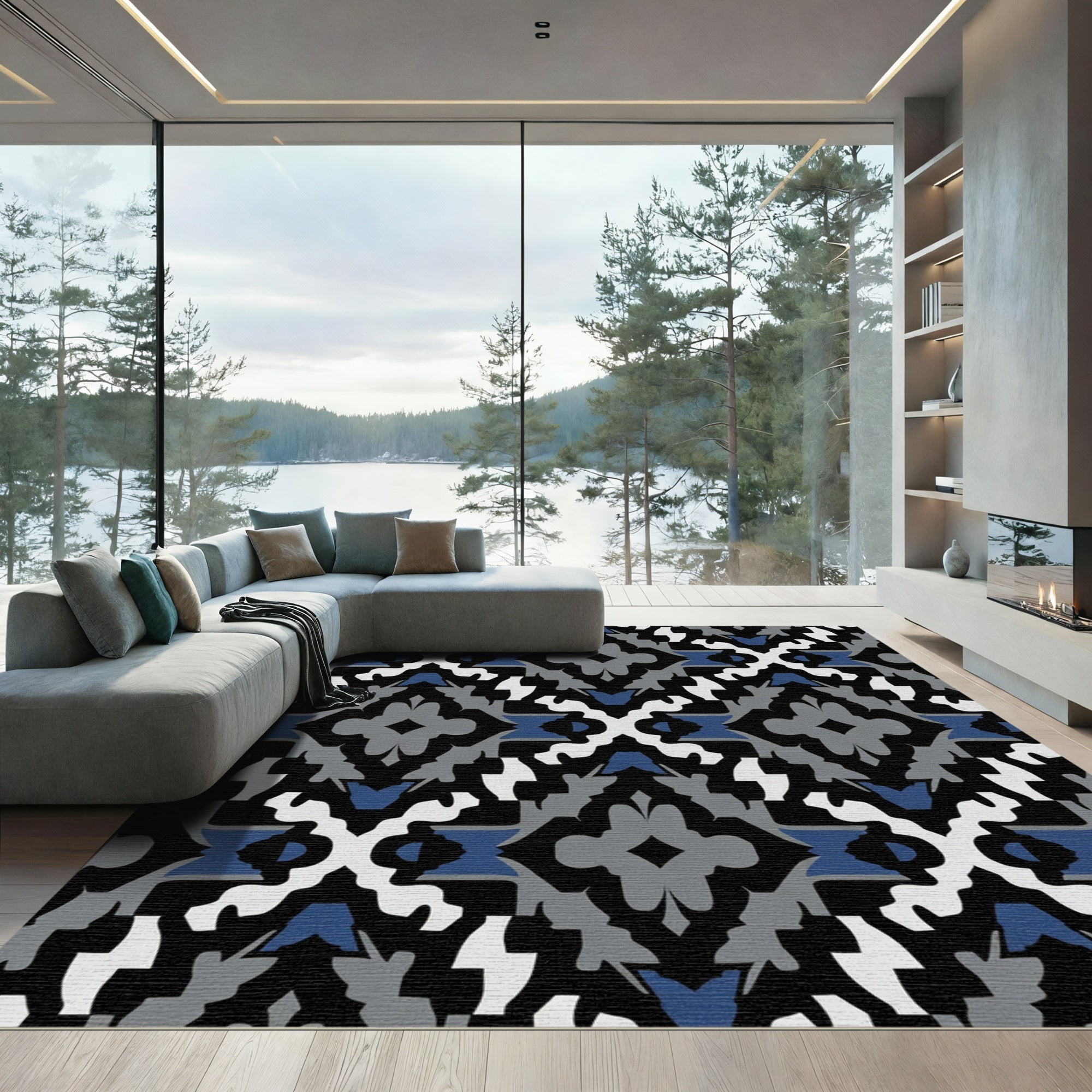 Modern Geometric Diamond Blue White Rug