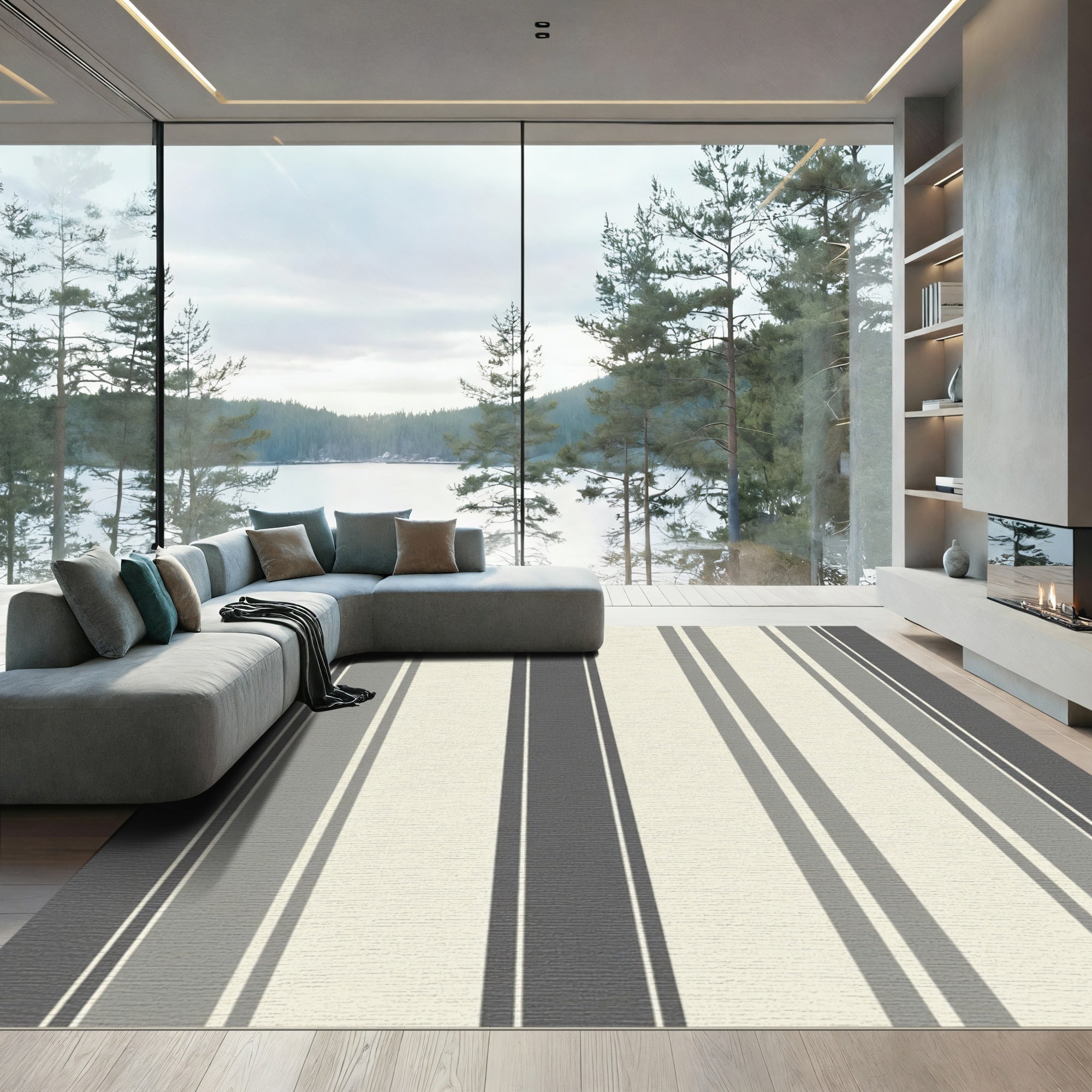 Modern Gray Cream Vertical Stripes Rug
