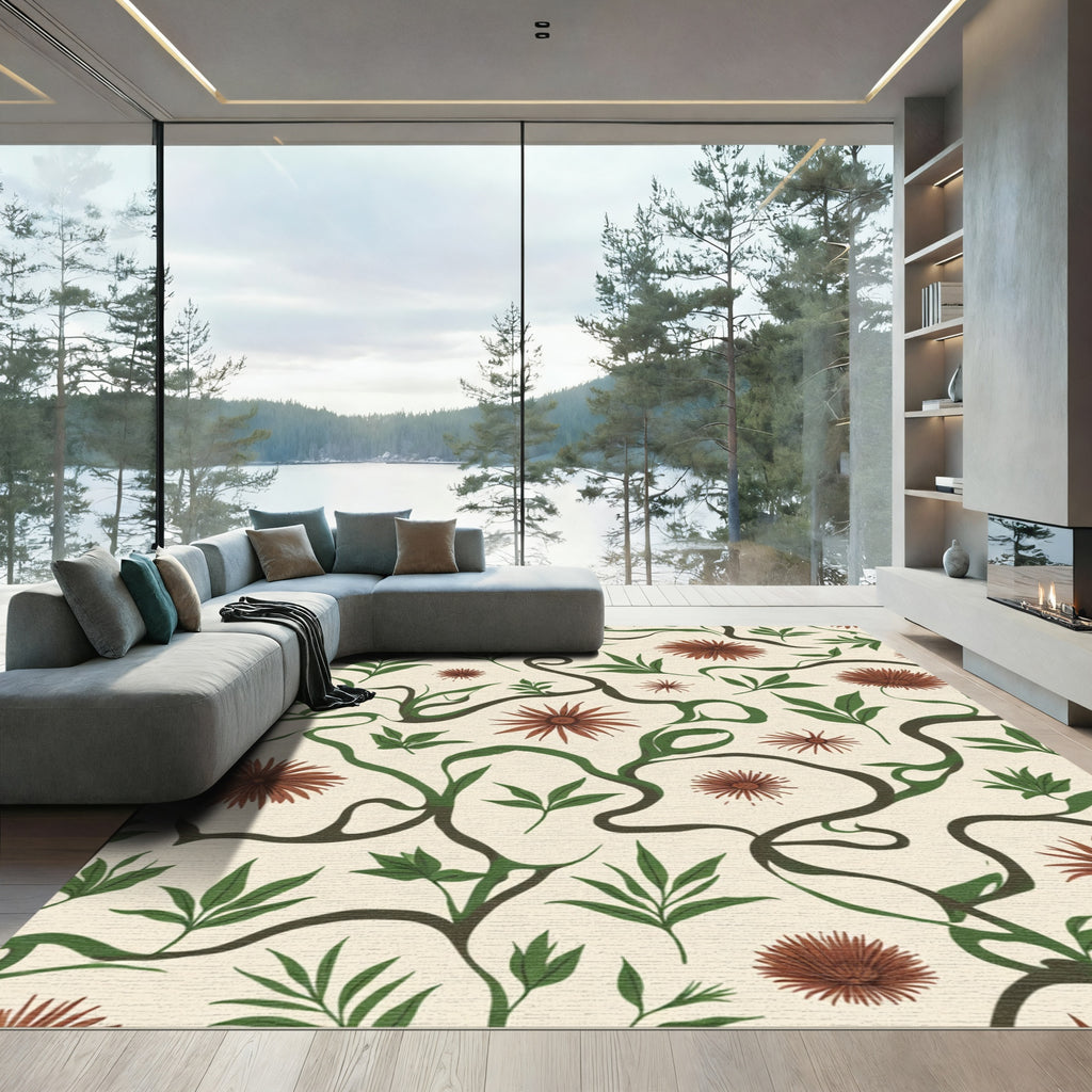 Brown Floral Vine Cream Rug