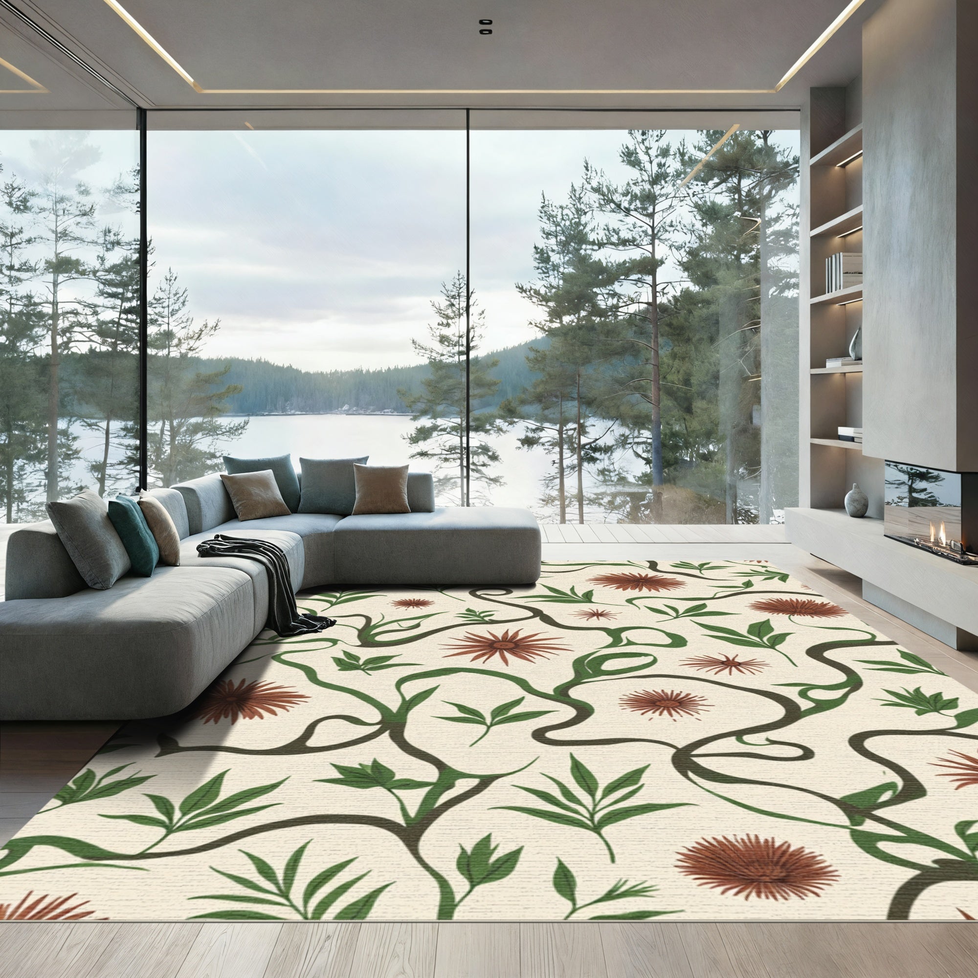 Brown Floral Vine Cream Rug