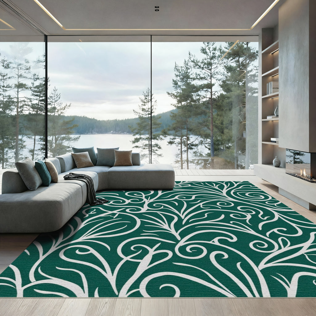 Deep Forest White Swirl Floral Rug