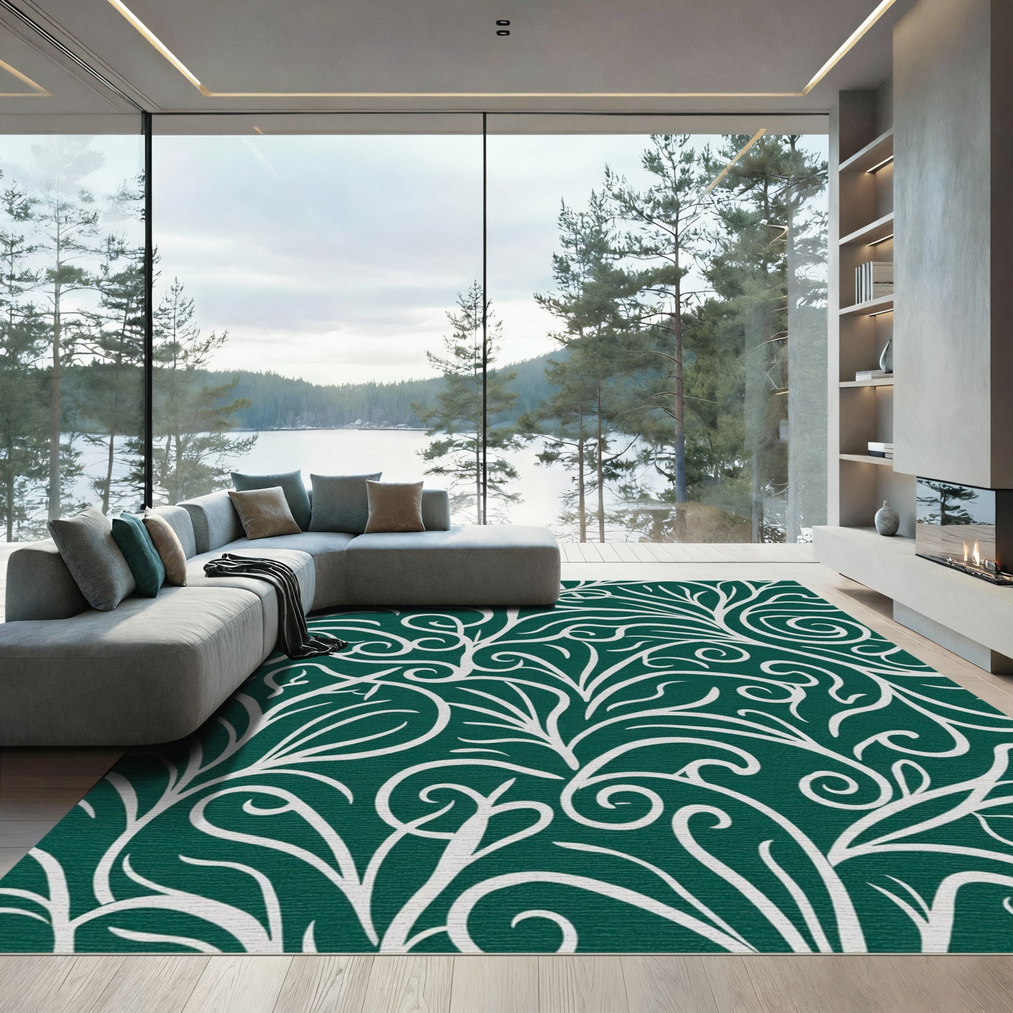 Deep Forest White Swirl Floral Rug