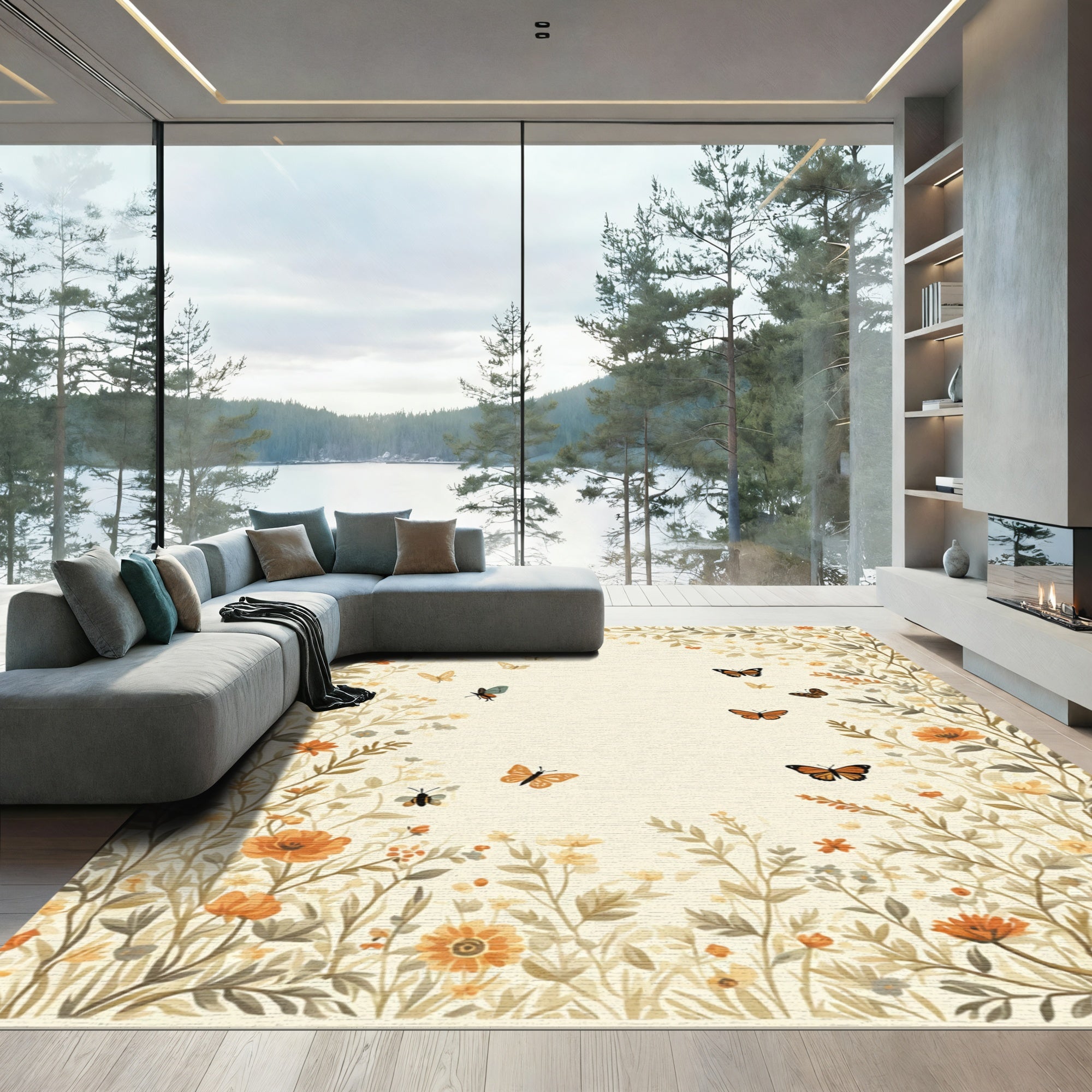 Whimsical Orange Butterfly Garden Bloom Rug