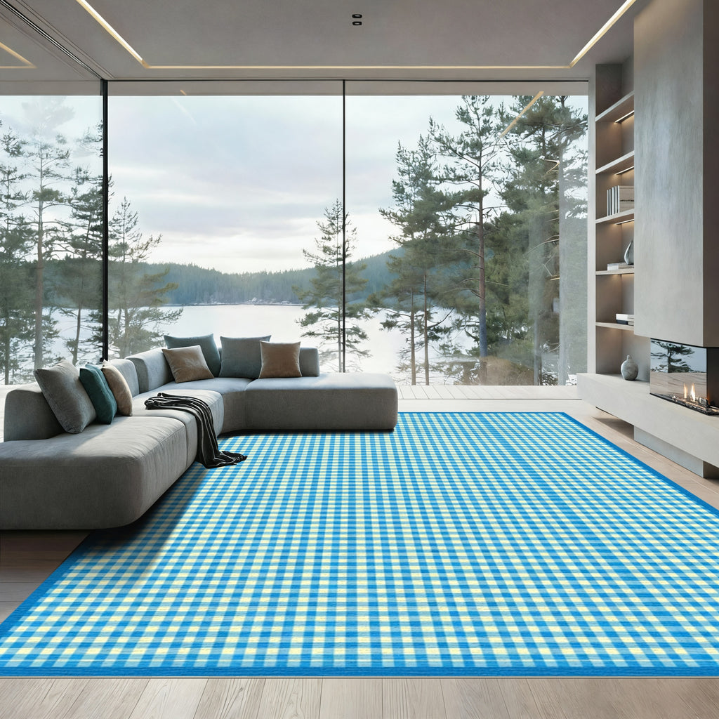 Classic Blue Cream Gingham Check Rug