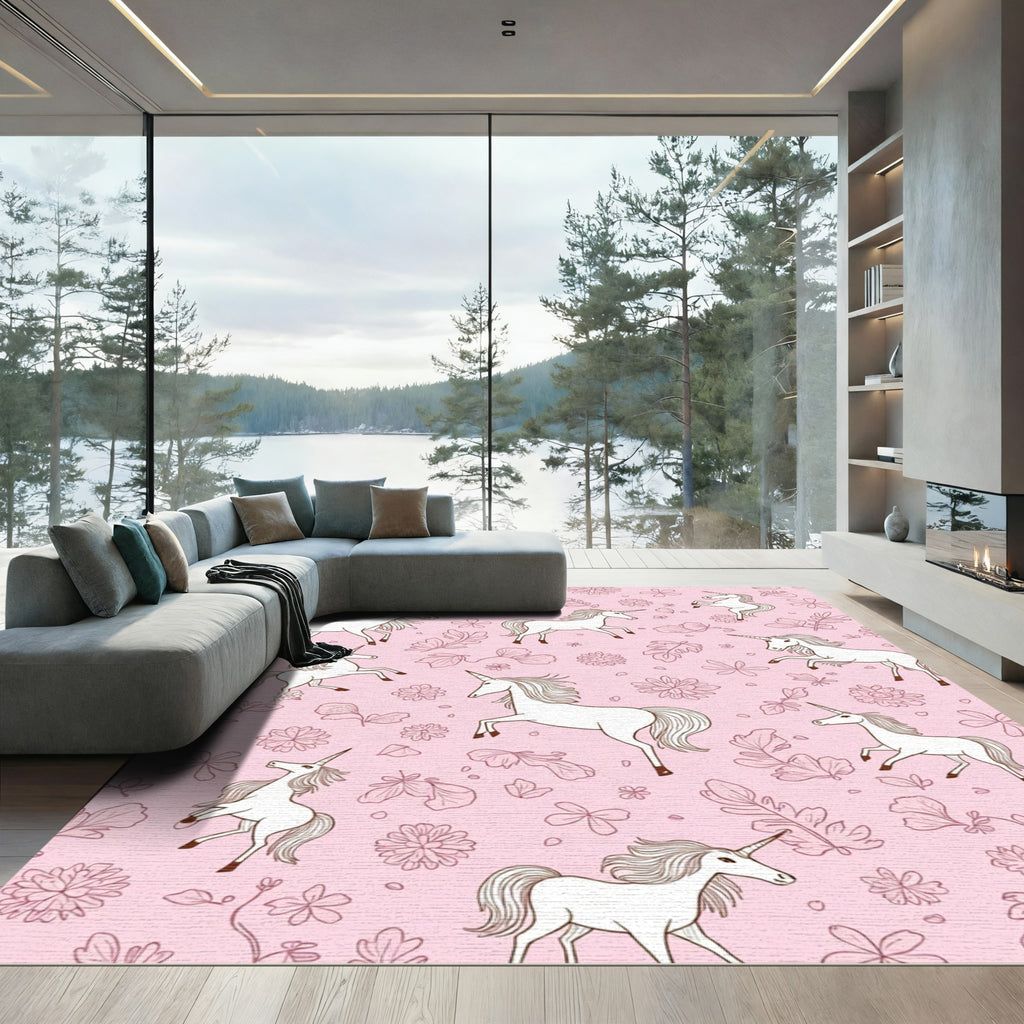 Pink Unicorn Meadow Floral Gathering Rug