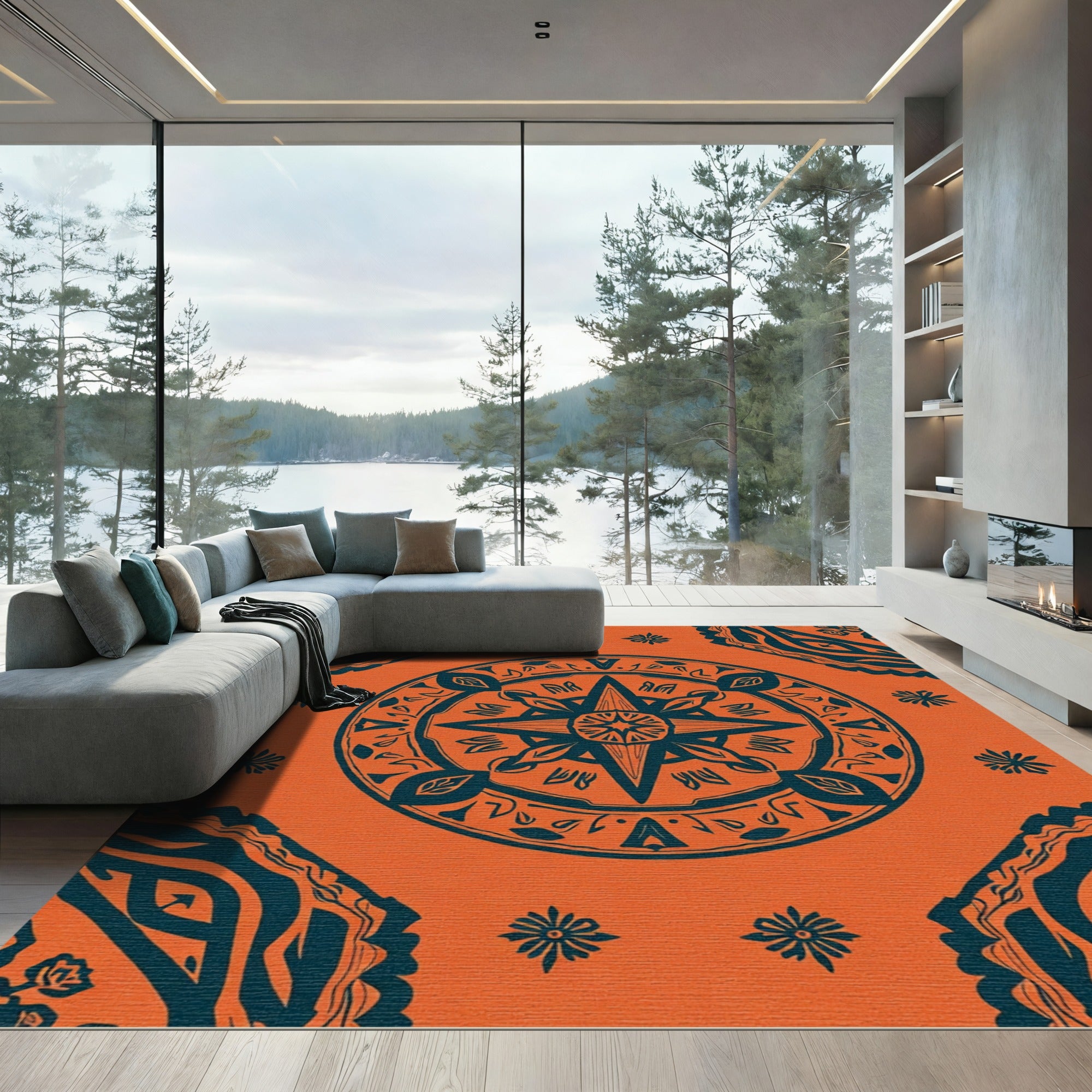 Vibrant Orange Teal Mandala Medallion Rug