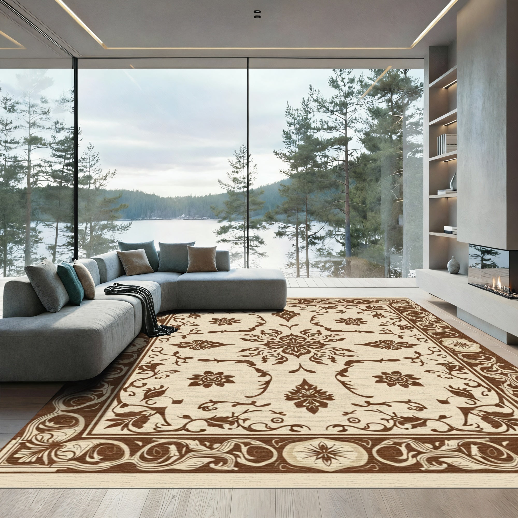 Rich Brown Floral Scrollwork Frame Rug