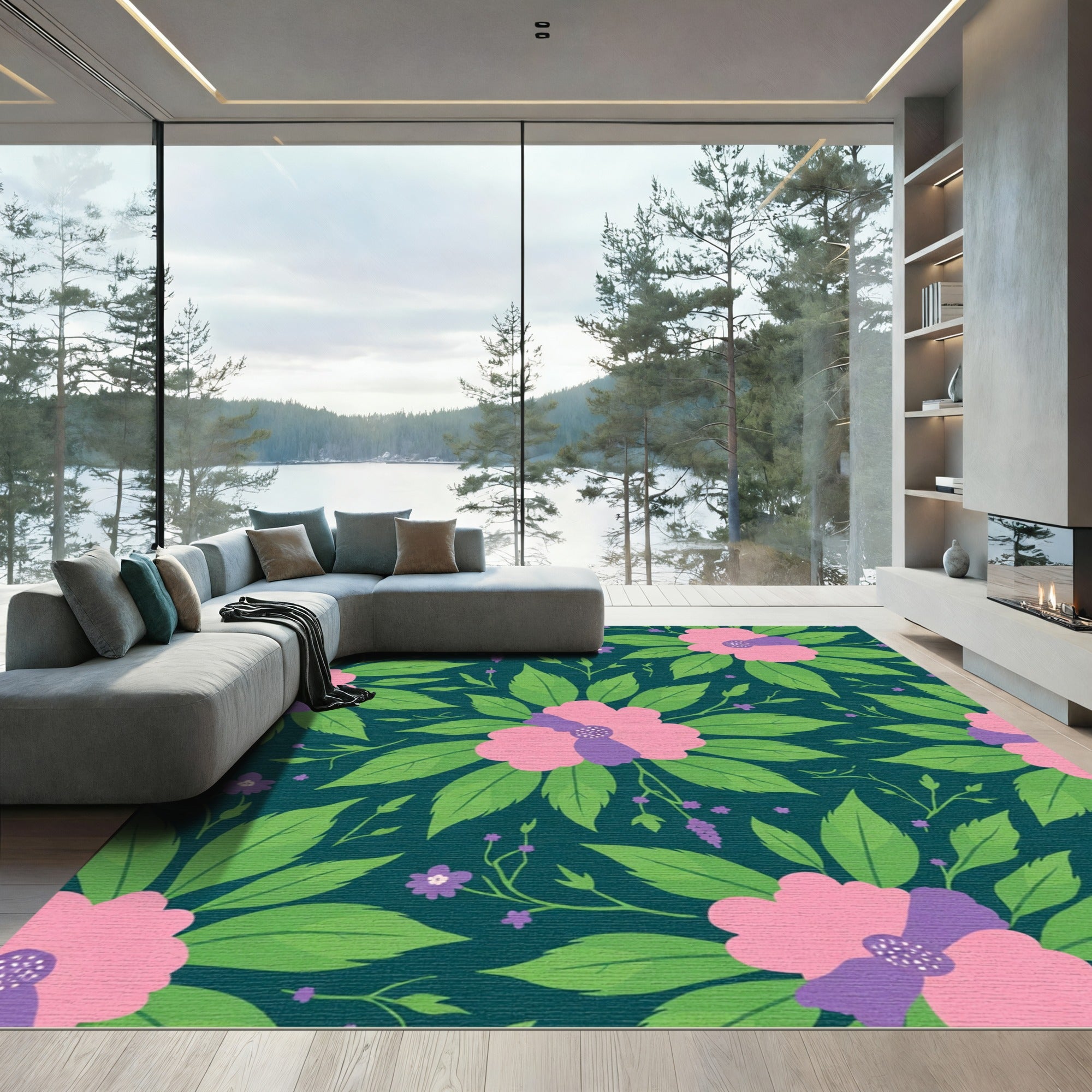 Teal Pink Floral Branch Composition Rug
