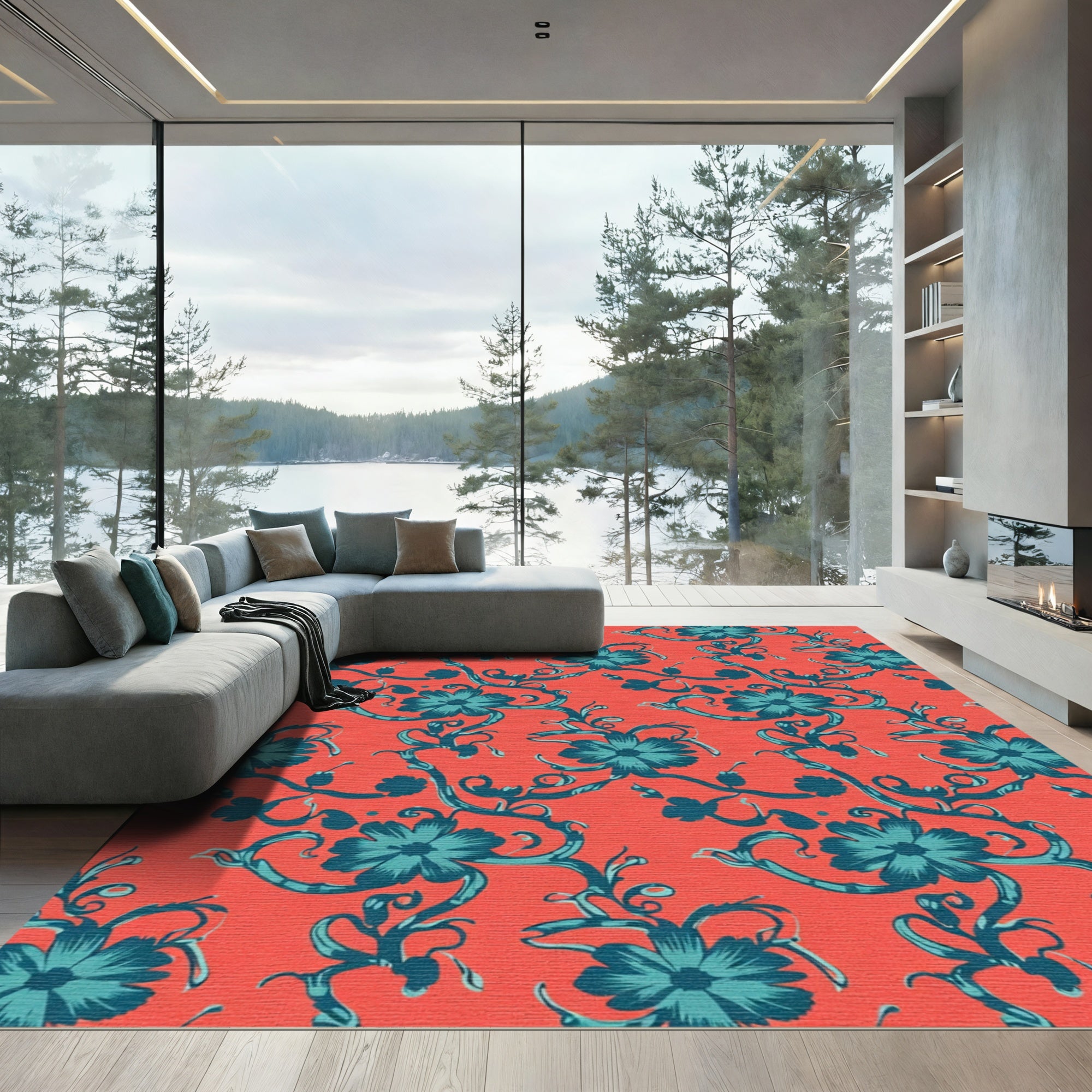 Coral Teal Floral Vine Arrangement Rug