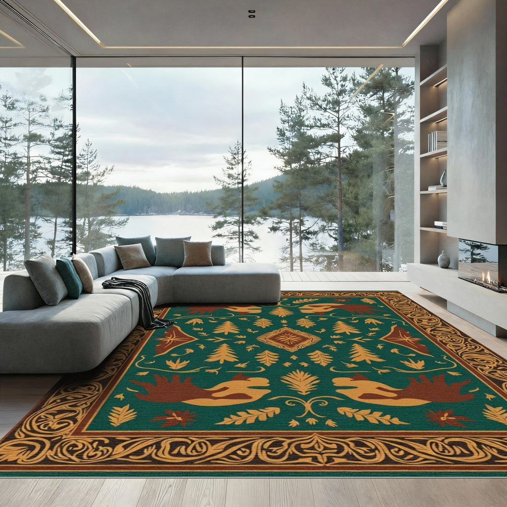 Forest Creatures Emerald Medallion Border Rug