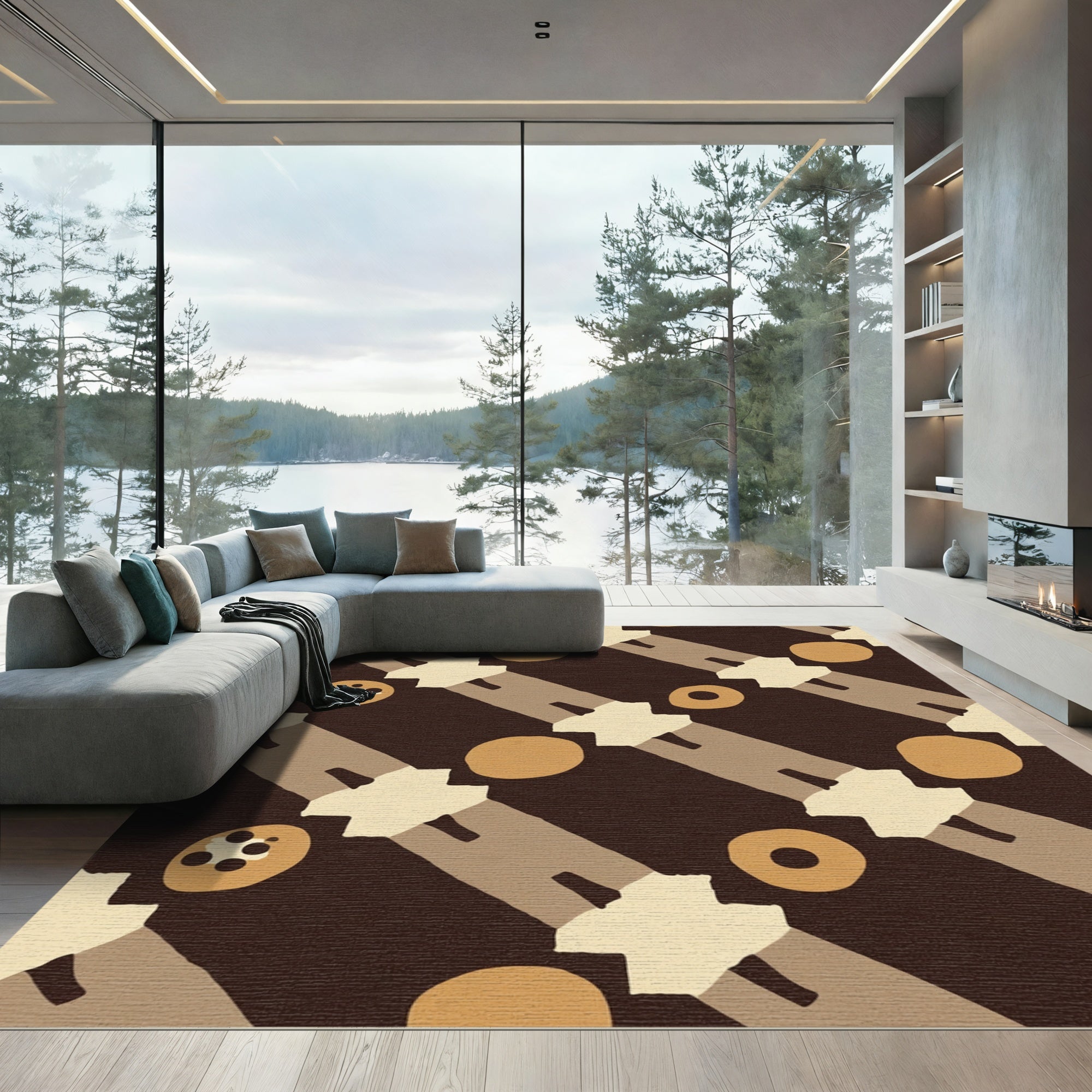 Dark Earthy Circles Diagonal Stripes Rug
