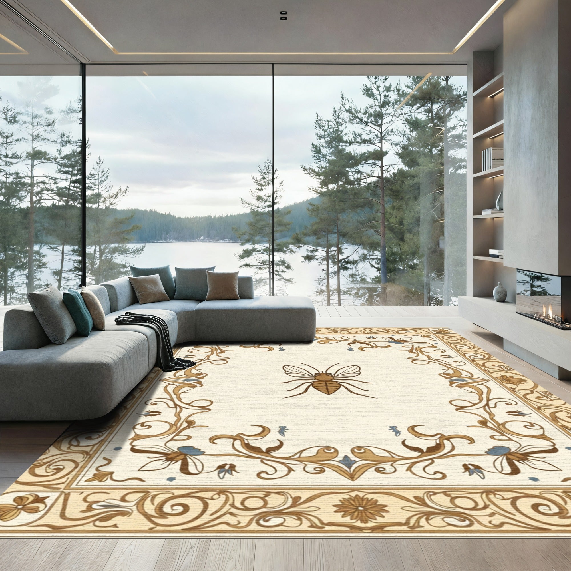 Ornate Golden Bee Floral Border Rug