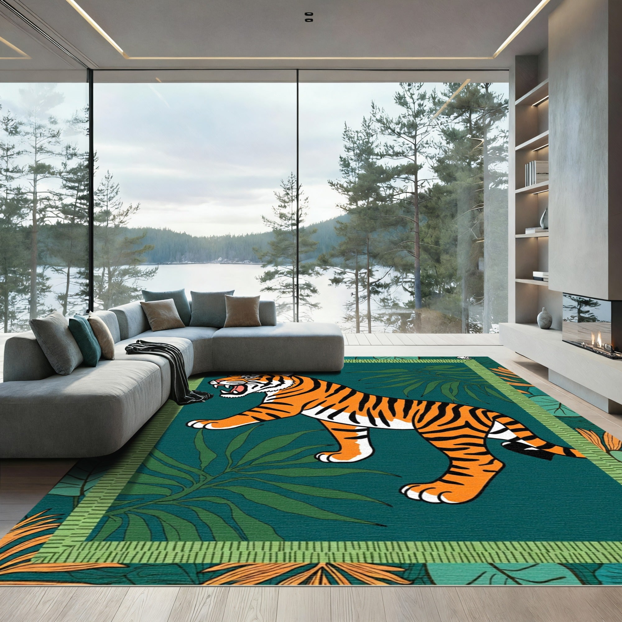Bold Tiger Jungle Leaf Border Rug