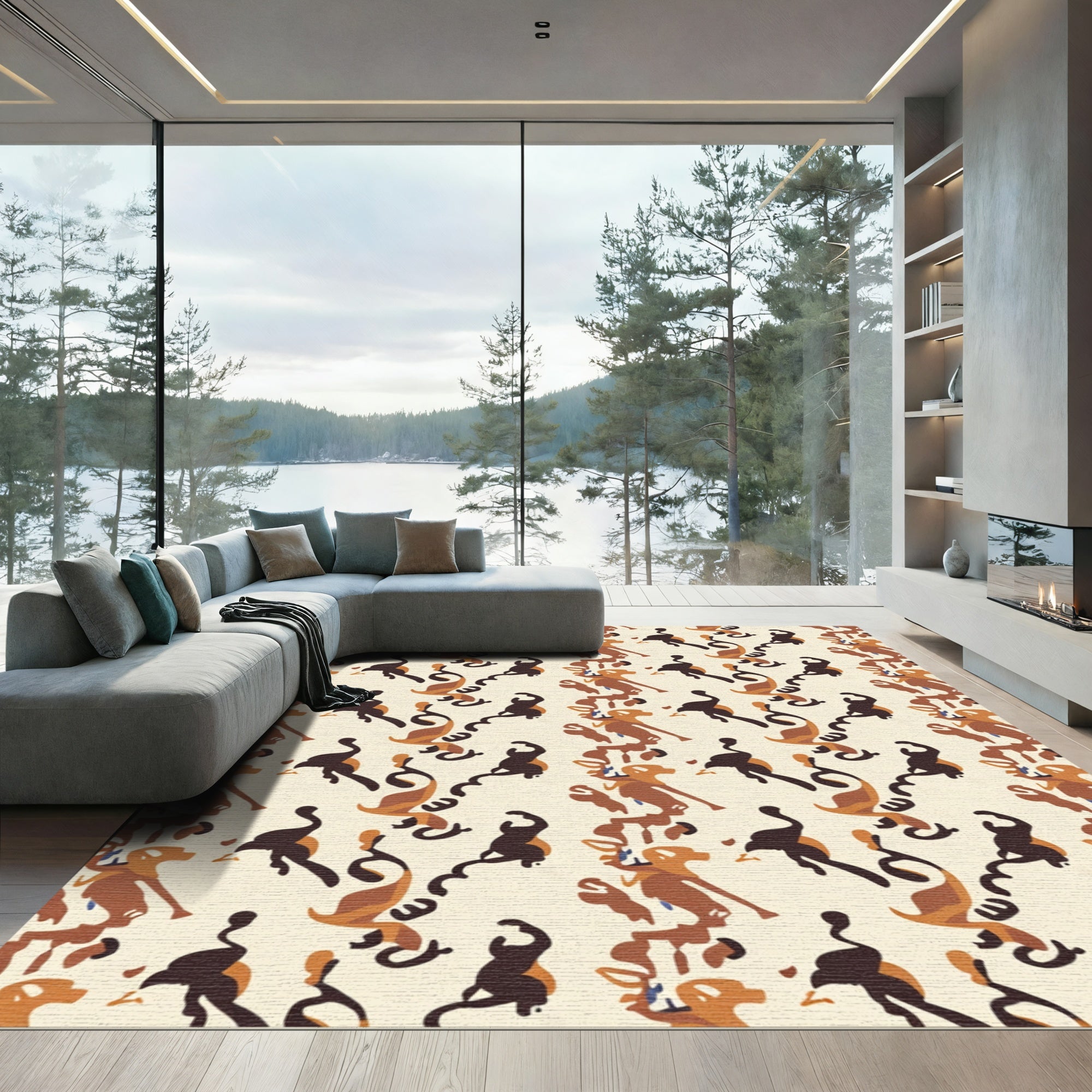 Earthy Brown Abstract Dancing Figures Rug