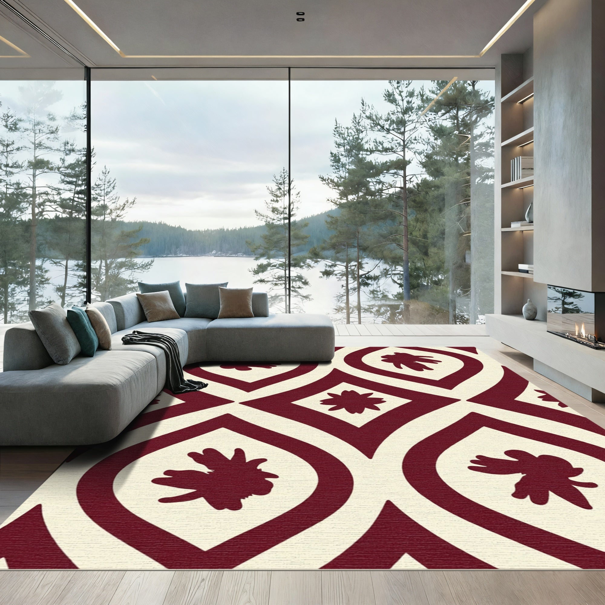 Crimson Leaf Arabesque Overlay Rug