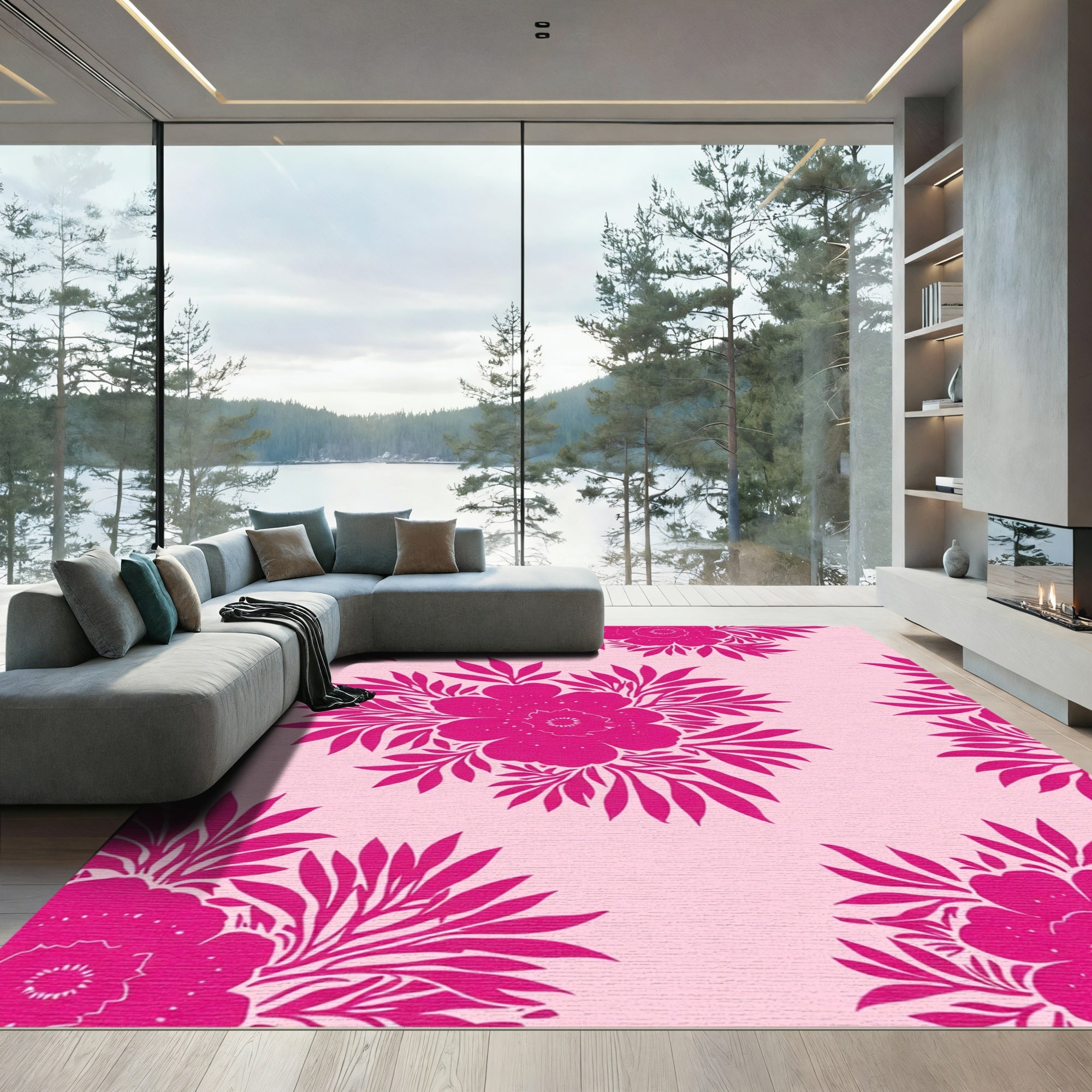 Hot Pink Floral Botanical Medallion Rug