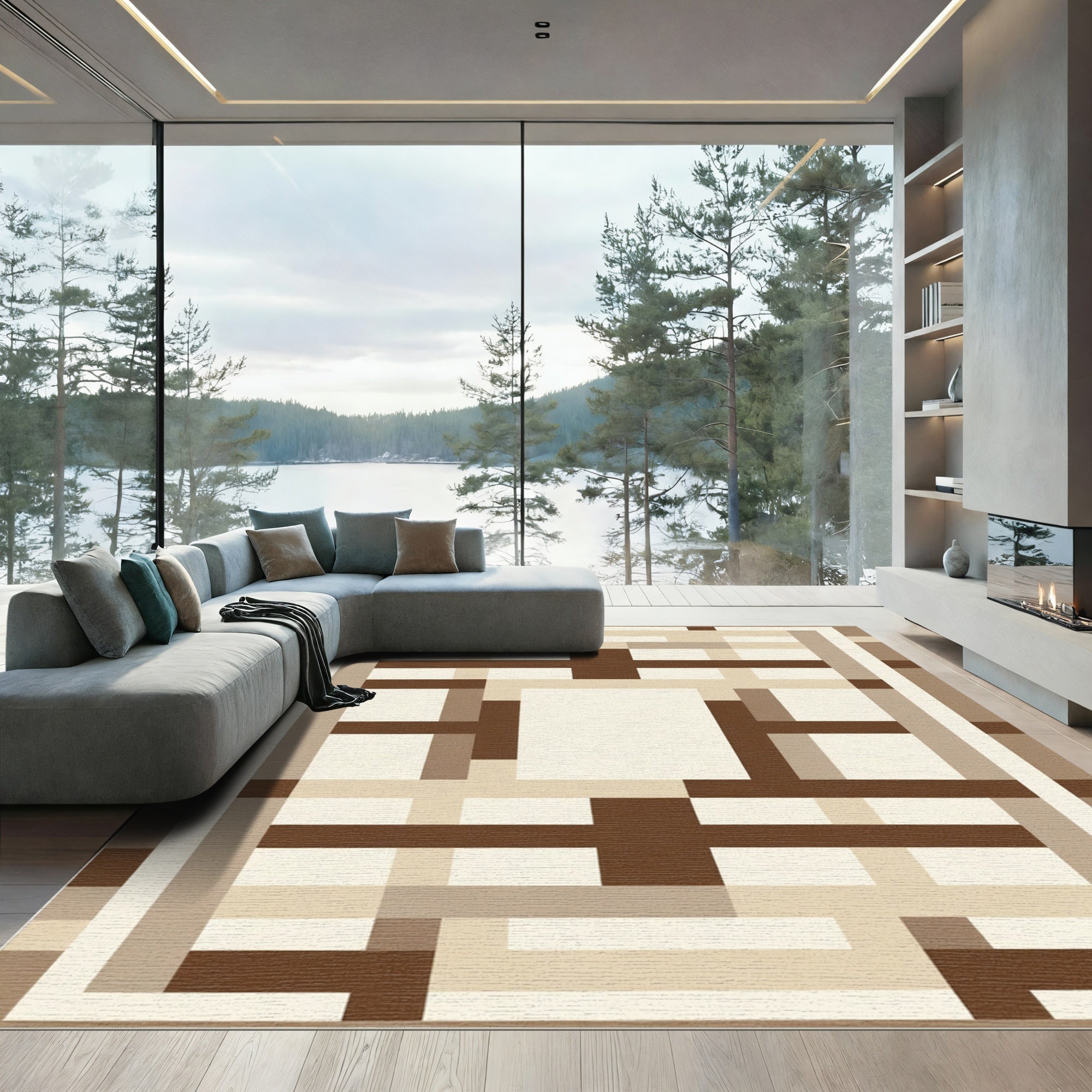 Brown Beige Geometric Rectangular Block Rug