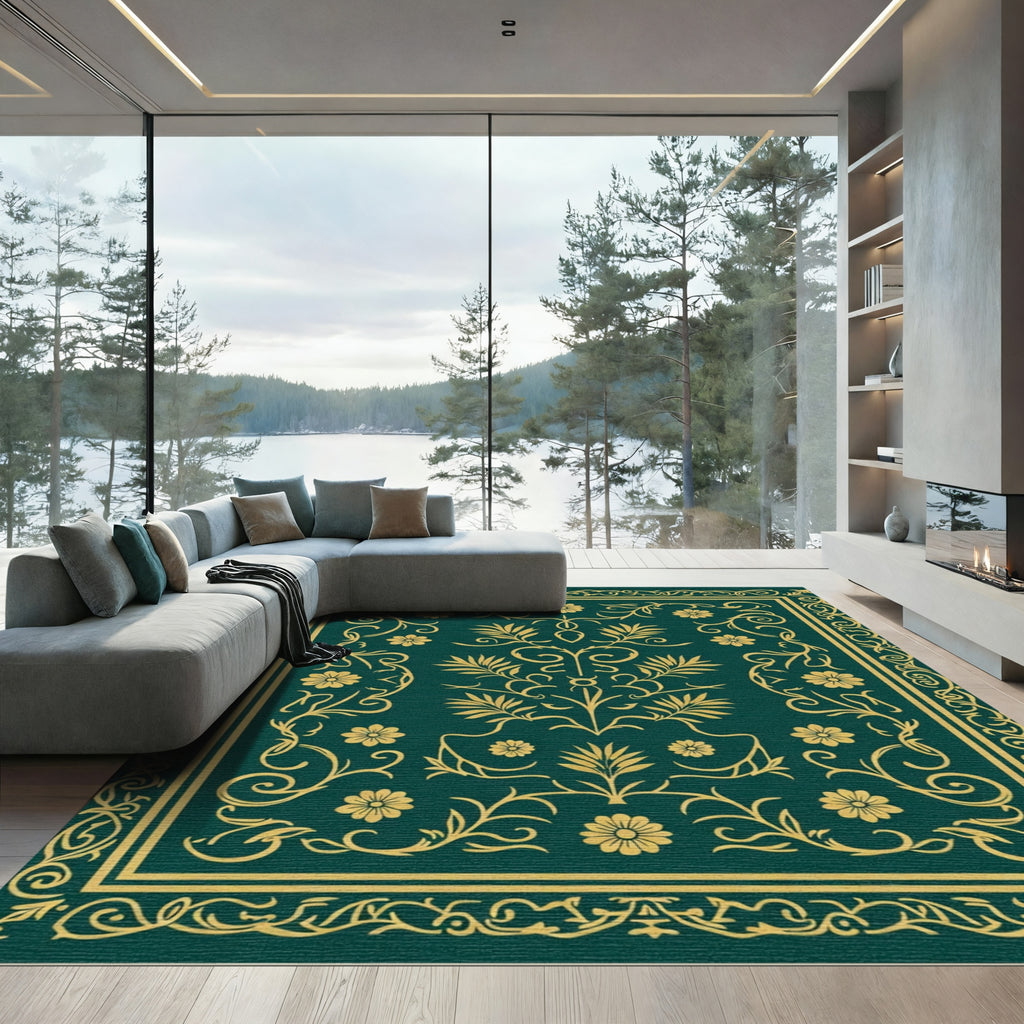 Emerald Green Floral Scroll Medallion Rug