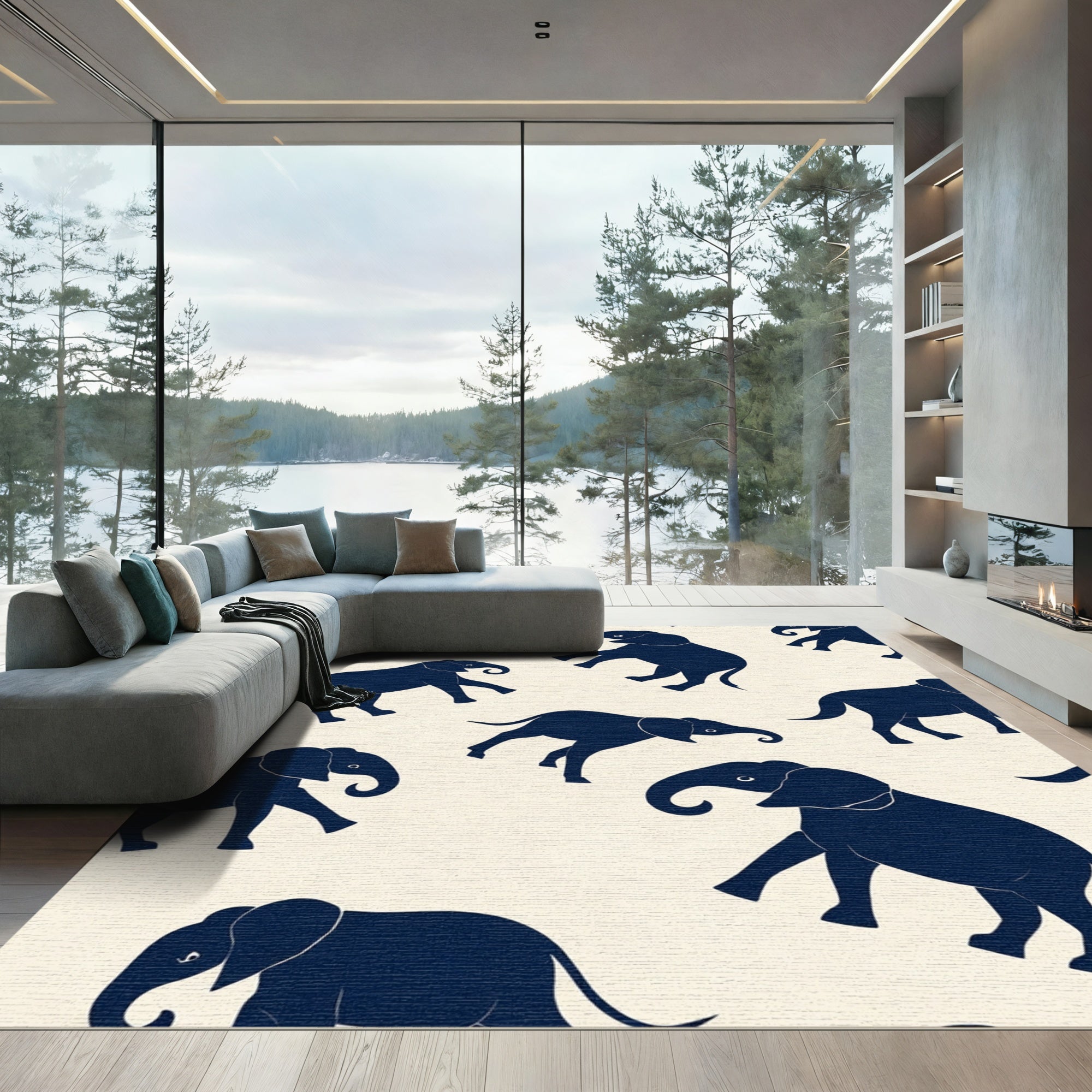 Navy Blue Elephant Silhouette Repeat Rug