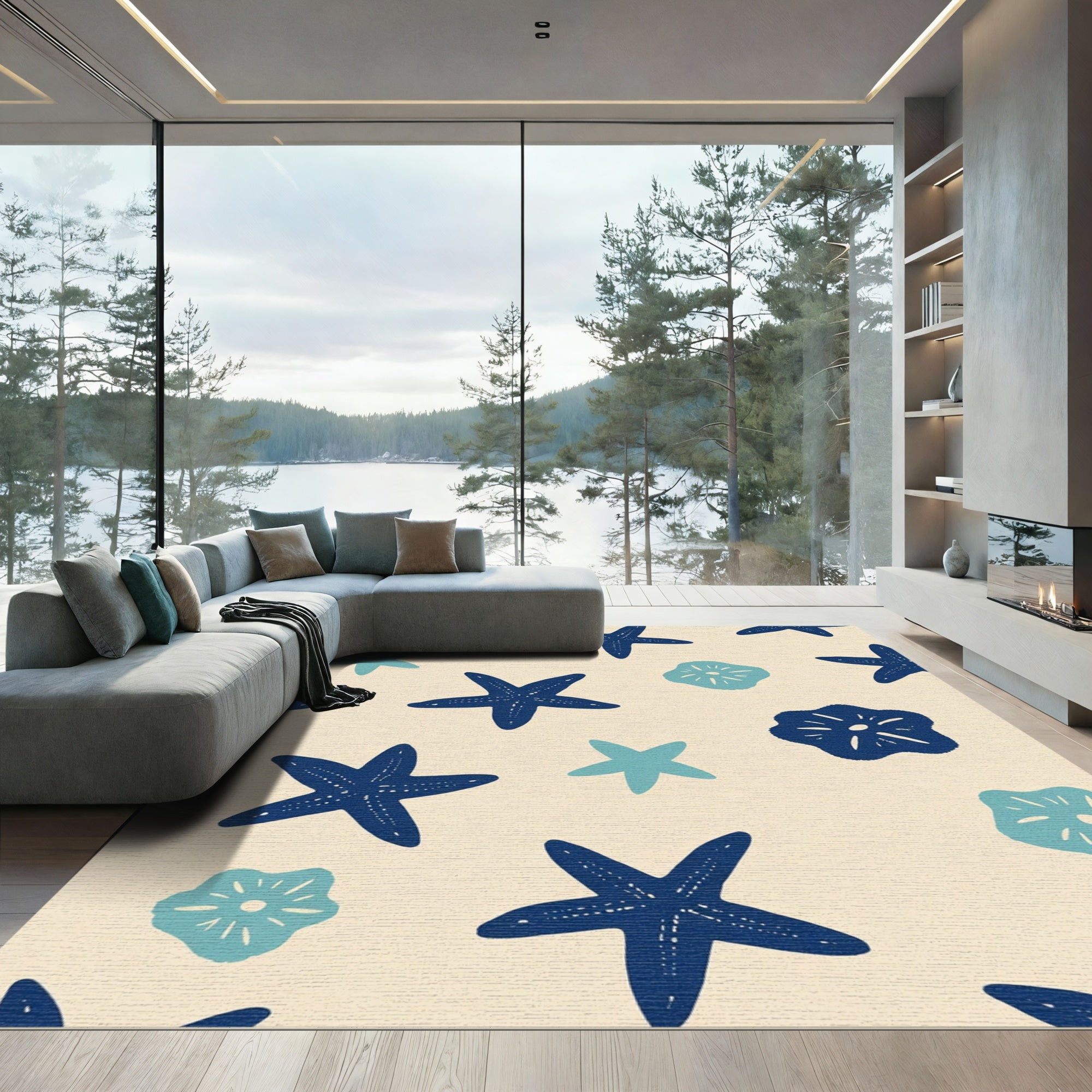 Navy Blue Starfish Sand Dollar Scene Rug