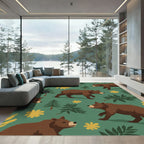 Woodland Bears Yellow Floral Forest Rug
