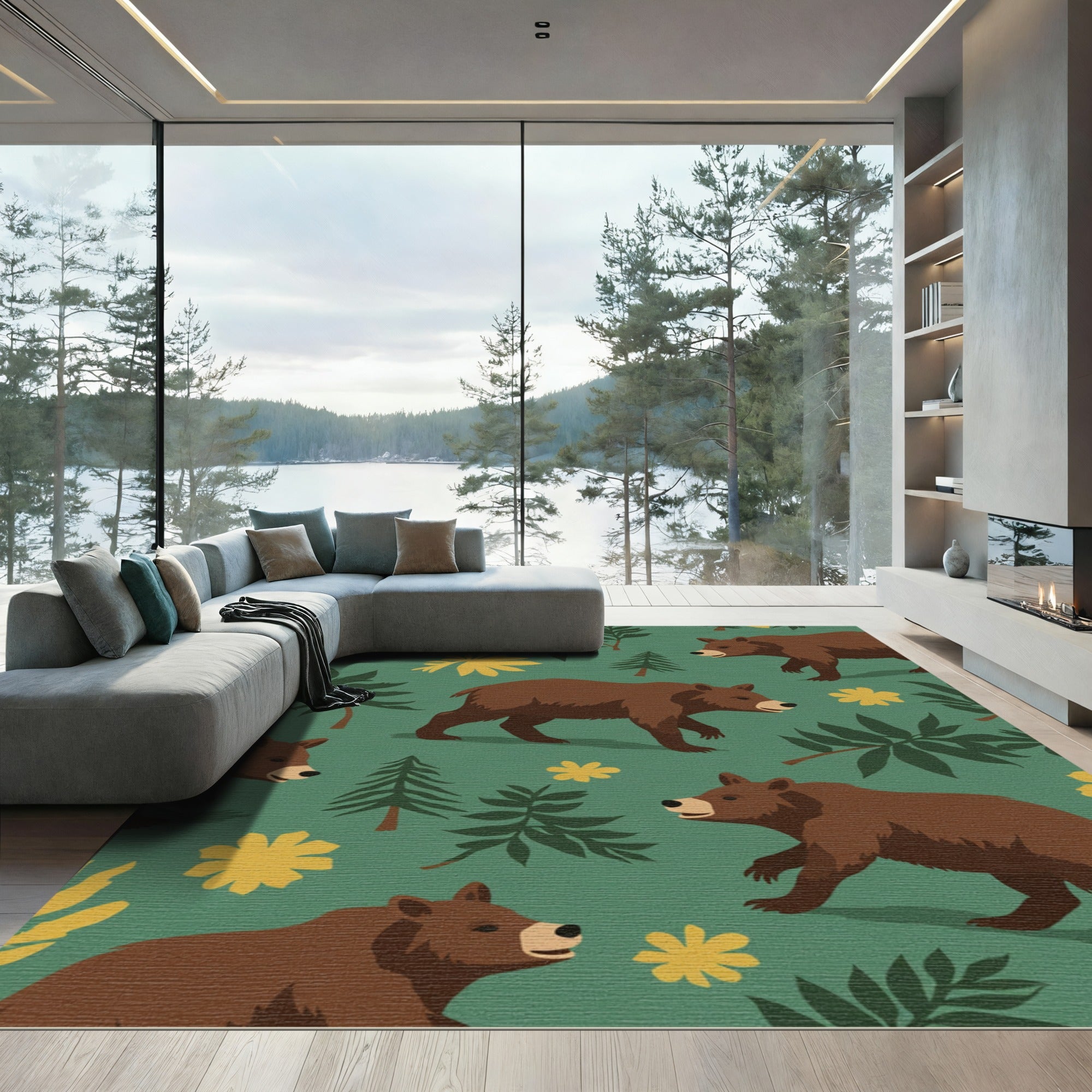 Woodland Bears Yellow Floral Forest Rug
