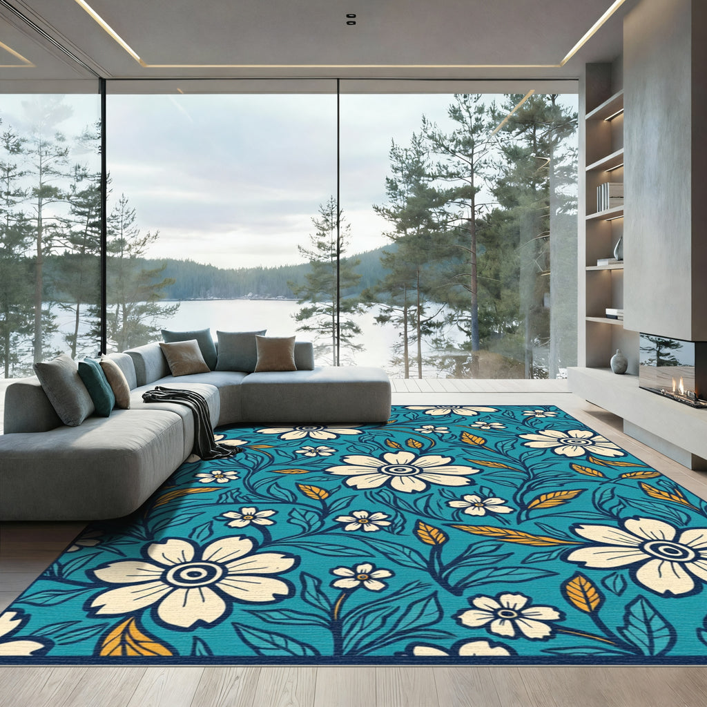 Coastal Blue Cream Floral Vines Rug