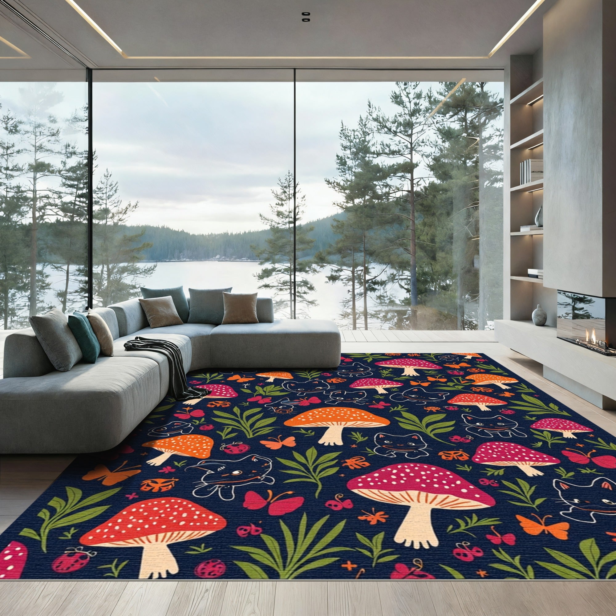 Whimsical Cats and Mushrooms Garden Rug