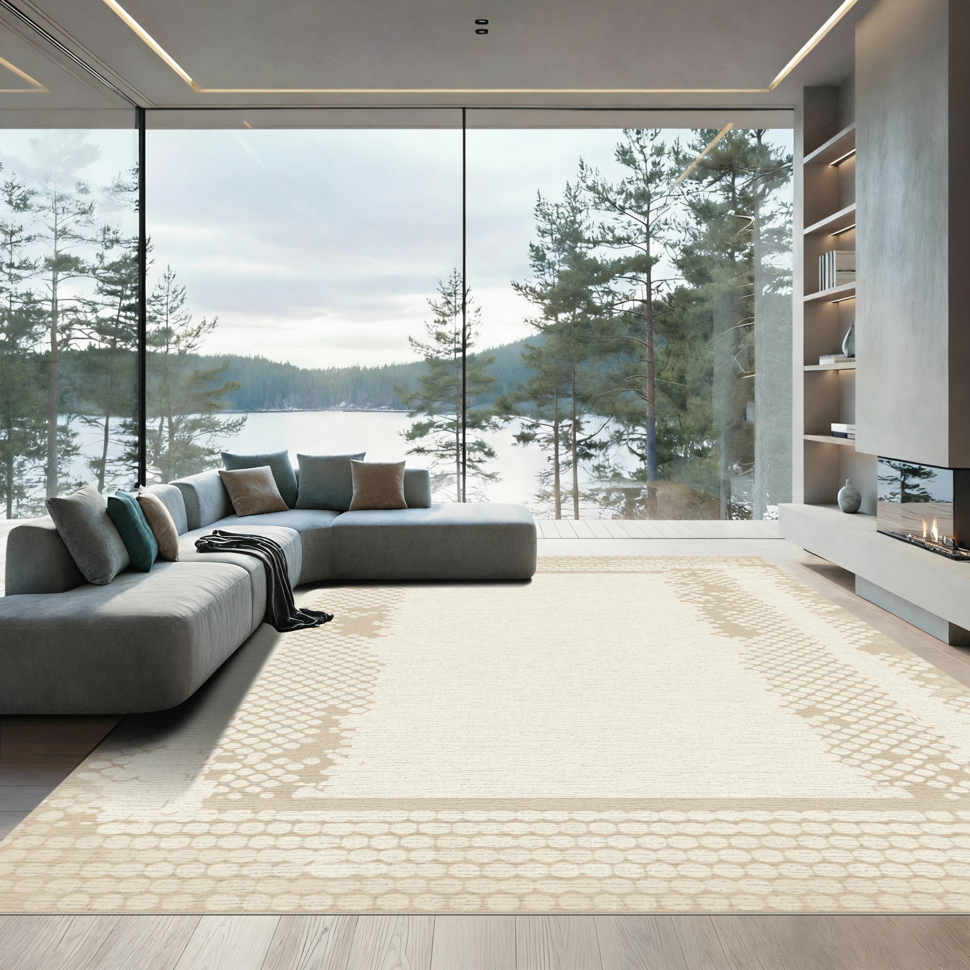 Neutral Tonal Dot Border Frame Rug