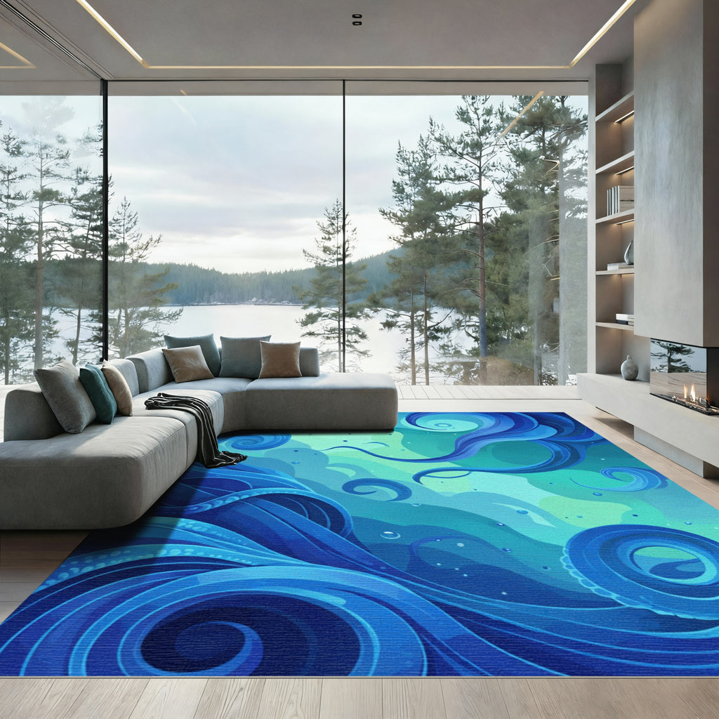 Azure Currents Abstract Swirls Rug