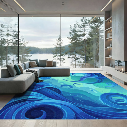 Azure Currents Abstract Swirls Rug