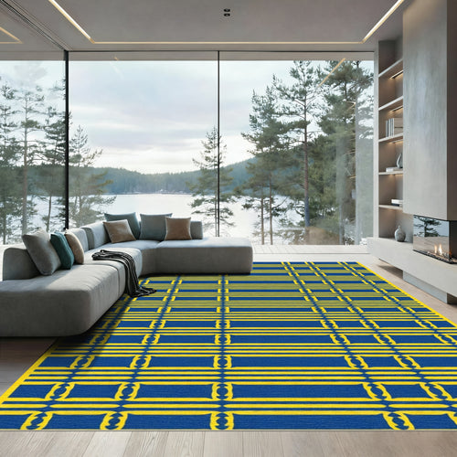 Bold Blue Yellow Rectangular Grid Rug