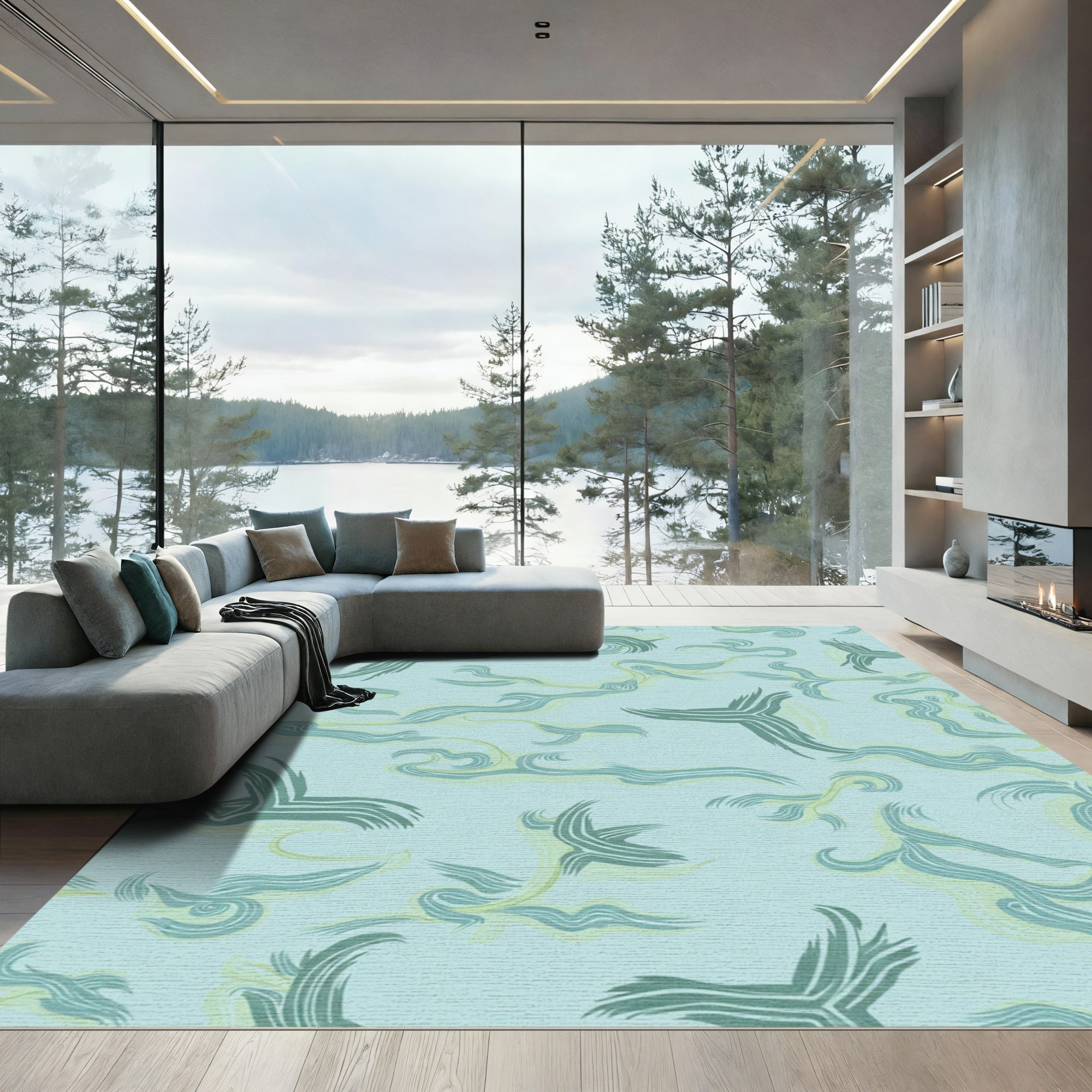 Aqua Swirling Brushstroke Abstract Rug