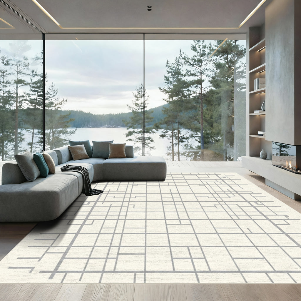 Modern Gray Geometric Grid Art Rug