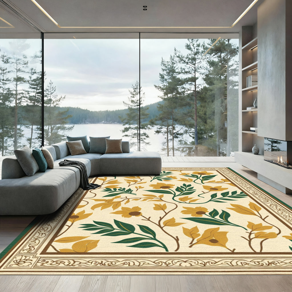 Golden Yellow Floral Botanical Border Rug