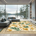 Golden Yellow Floral Botanical Border Rug